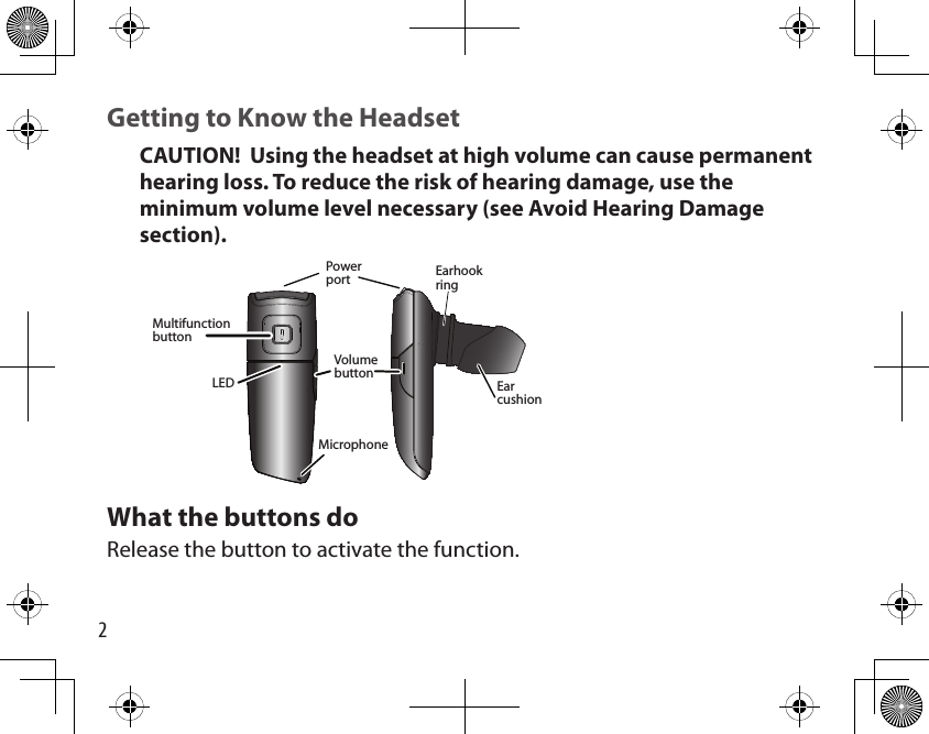 2Getting to Know the HeadsetCAUTION!  Using the headset at high volume can cause permanent hearing loss. To reduce the risk of hearing damage, use the minimum volume level necessary (see Avoid Hearing Damage section).Volume buttonPower portMultifunction buttonEarhook ringEar cushionLEDMicrophoneWhat the buttons do  Release the button to activate the function.