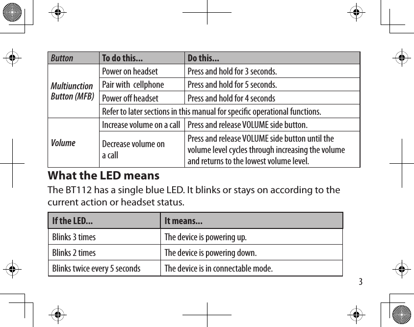 3Button To do this... Do this...Multiunction Button (MFB)Power on headset Press and hold for 3 seconds.Pair with  cellphone Press and hold for 5 seconds.Power o headset Press and hold for 4 secondsRefer to later sections in this manual for specic operational functions.VolumeIncrease volume on a call Press and release VOLUME side button.Decrease volume on a callPress and release VOLUME side button until the volume level cycles through increasing the volume and returns to the lowest volume level.What the LED meansThe BT112 has a single blue LED. It blinks or stays on according to the current action or headset status.If the LED... It means...Blinks 3 times The device is powering up.Blinks 2 times The device is powering down.Blinks twice every 5 seconds The device is in connectable mode.