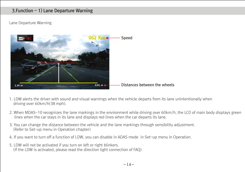 (Movon Driver Assistance System – 10)Thank you for purchasing Movon Advanced Driver Assistance-10(MDAS-10).Please read the manual carefully before installing and using MDAS-10.MDAS-10 is a single camera-based driver assistance system. The product focuses on assisting drivers by preventing drowsy or reckless driving, and recording driving information with the three functions listed belowEntering calibration modeLane departure warning(LDW) Provides Lane Departure Warning (LDW) for safe driving. It alerts the driver with sound and visual warnings and helps to regain direction if the driver departs lanes unintentionally. (*activated at 60 km/h (38 mph))2 Channel HD Dash camRecords scenes before and after an accident along with imminent crash situations based on gravity sensor and 720P recording performance. MADS-10 can record rearview scenes (480P) with an external back-up camera and the screen can be used as a rearview display.Digital TacographLogs 10 types of data related to driving information such as speed, break usage, RPM, GPS location, accumulated mileage, daily mileage, etc. Can benefit fleet managements and improve drivers’ driving behavior as a result of reducing accidents and saving fuel.1) Introduction 1. About MDAS-102. Specification3. Components4. Part description2) Installation 1. Cabling overview2. Installing  2.1 Installing rear-view cameras3. Calibration3) Function 1. Lane departure warning2. Dash cam3. Digital tachograph4) Operation 1. Set-up menu5) Warranty informationAny inappropriate or illegal activities or violation of traffic rules on the roads are drivers’ responsibility. Movon Corp. will not compensate any damage nor accept responsibility related to behaviors mentioned. After attaching the optional rear camera to preferred location on the rear windshield,  connect camera cable to the main cable’s 2.5ø slot.  press Calibration icon after MOVON logo disappearsAfter the car engine’s on, Initial calibration screen is the same as the picture on left.  Press Calibration once more to proceed to configuration. If the rear screen converts into the full screen in the PIP situation, LDWS should be not activated.Users can change recording time in DVR Setting.CautionBefore inserting or separating micro SD card, please turn off MDAS-10. If you do not, the recording images can become corrupted. It is recommended for micro SD card’s reliability to low-level format the SD Card periodically (approximately every 3-4 months).Caution : If using an external rear camera outside of the car, ensure that the external rear camera’s connector is following MDAS-10’s cable pin specification indicated on the picture.In addition, if the camera’s power consumption exceeds 5V, it will be powered from a separate power source(eg. rear lamp cables)Please be aware of Movon’s policy that private information and traffic related laws are users&apos; responsibility. MDAS-10 only gives warnings to drivers. The final decision to maneuver/control shall be made by drivers themselves.Customer service incurred by controlling while driving or damaging/revamping will not be guaranteed by Movon’s policy.The manual can be modified without notification. Explanations and images may not be up-to-date on the user manual for upgrading  or editing purposes.The product software is able to be modified for upgrading for better performance without informing in advanced. Please refer to the http://www.movon.co.kr or http://www.mdas.co.kr for latest updated information.Copyright ⓒ 2005 by Movon Corporation. All Rights Reserved.Table of contents11.Introduction - 2) Specification1.Introduction - 4) Part description1.Introduction - 3) Components1.Introduction - 1) IntroductionMajor functionsCPU Cortex A8 SeriesMDAS cameraScreen 4.3 inch, 480x272   pixel, touch screen panelCamera 1M pixel, Diagonal 103.2°CPowerVideoAudioMP4(H.264 codec: Front-720P, 30fps, Rear: 480P, 15~30fps)AAC/MP3FormatCameraLensAngle adjusterSpeedDistances between the wheelsDouble sided tapeCamera cableBody110 x 85 x 70 mm135 x 85 x 20 mmSizeStorageDC 12V/24V support (Consumption: 900mA)4~32GB Micro SD card supportOperating Temperature -20~65˚CEtc Built-in G-sensor, Mic, Speaker, Wi-Fi(Option), External GPS, Input Power port (Micro USB or Rear Connector), Camera port(micro USB)MDAS main User manualGPS module    (Option)Universal 4-pin mount (Option)Rear-view camera(Option)Micro SD card 8G &amp; reader MDAS cable2.Installation - 1) Cabling overview2.Installation - 3) calibration2.Installation - 3) calibration2.Installation - 3) calibrationLane Departure Warning1. LDW alerts the driver with sound and visual warnings when the vehicle departs from its lane unintentionally when     driving over 60km/h(38 mph).2. When MDAS-10 recognizes the lane markings in the environment while driving over 60km/h, the LCD of main body displays green      lines when the car stays in its lane and displays red lines when the car departs its lane.3. You can change the distance between the vehicle and the lane markings through sensibility adjustment.    (Refer to Set-up menu in Operation chapter)4. If you want to turn off a function of LDW, you can disable in ADAS mode  in Set-up menu in Operation.5. LDW will not be activated if you turn on left or right blinkers.    (If the LDW is activated, please read the direction light connection of FAQ)1. Normal mode: Records front and rear driving scenes simultaneously in real-time and recorded videos can be found in ory_rec folder.2. Event mode: When the impact is detected by G-Force sensor, the videos 10 seconds before and after of the event are saved in     evt_rec folder.3. Manual mode: If you press                    on the screen, the videos are recorded for 30 seconds from the time and saved urs_rec folder.  4. Rear camera: Rear scene can be checked through optional camera and the rear screen can be checked by PIP    (Picture in Picture) through               button on the LCD of main body.(Press the PIP screen to switch into the full screen)6. Recorded video play: You can play recorded videos through MDAS-10, MV(MDAS Viewer), VLC player, and players that play avifiles. (MV is included in SD card also it can be downloaded in Notice on www.mdas.co.kr. You can find the player in Notice board.)7. MDAS DVR viewer works normally on computers with 2Ghz CPU and 2GB RAM.8. File name can be expressed like ORY_20131201_205940_D (Type, date, time, D:dual S:single camera).   (ORY : Ordinary video recorded in real-time, EVT: Event video recorded, USR: Manual video)Users can allocate recording spaces of the normal mode/event mode/manual mode and format the SD card.1. MDAS-10 digital tachograph is designed in compliance with national standard and has obtained certification.2. The driving information such as speed, mileage, time, RPM and GPS location can be transferred to MDAS-10 via     CAN or analog communication.3. The driving information can be displayed after touching the DTG button as shown above. 4. DTG viewer needs to be downloaded from http://www.mdas.co.kr  in order to check the stored driving information.5. You can check the moving route and location in real time via Fleet Management Service by MOVON provided.      If you need the Fleet Managements Service, please call (+82) 2-2050-46766. All driving data can be recorded up to six months and the last ten seconds of the event data will be also recorded automatically.    5. Recording time(Normal+Event  videos)3.Function - 1) Lane Departure Warning062 Km 0.81 m1.24 m If REC button shows blue color  , it indicates video is not recorded. So, please ensure that the icon is red before using.Digital TachographRecord Setting3.Function - 2) 2CH Dash cam  3.Function - 3) Digital TachographTime Setting4.Operation - 1) Set-up menuTachograph Setting - 1Tachograph Setting - 3Tachograph Setting - 2/  MDAS-10’s Main Screen  G-Force sensor setting LCD’s display setting LDW setting - 2LDW setting - 1Wi-Fi Setting - 1 Miscellaneous SettingQuick Guide-3- -4--5- -6--7--9- -10--11--13--15- -16--17- -18--19- -20-345678101415161721MDAS -102.Installing - 2.1) Installing rear-view camerasUse auto off : Turns off the LCD display 1 minutes after MDAS-10                        is powered on.Use guide Line : Checks if LDW-related virtual Line is displayed. 4.Operation - 1) Set-up menu4.Operation - 1) Set-up menu 4.Operation - 1) Set-up menuProduct WarrantyProduct Warranty CardMDAS-10-21-The warranty period applies from the date of purchase by the first customer and is transferable only between end-users. The product warranty card and a copy of dated receipt “Proof of Purchase” are required. Otherwise, MDAS-10 is not covered by the limited product warranty.The warranty covers only manufacturing defects only which are occurred within warranty period.We confirm this product warranty complies with Consumer Laws under Korea Consumer Agency.After-sales Service center location : Movon Corp. ( T. +82 (02) 2050 4640 )Please download and back up all saved data before sending MDAS-10 to our After-sales Service center. We exclude all liability for loss of data. Warranty Period  / MDAS-10 :  1 year :  20,000Km  / Movon-providing microSD card : 3 months Movon-providing rear view camera : 6 monthsModelSerial No.Customer Name PhonePhoneAddressNameAddressSellerPurchasing DateTouch LCD MINI USBGPSReset hole Screen On/Off buttonMicro SD card slotMain cable portDo not modify nor disassemble the product.Do not install in disregard of installation instructions. It is recommended to go to a professional installation shop.Do not operate while driving, it is prohibited by law. If it is necessary, operate after stopping at a secure area.Do not sepaIf recorded videos are broken due to users mishandling, the damaged video is not guaranteed to recover. rate micro SD card from MDAS-10 while the power is on. Separate after turning off MDAS-10 if it is necessary.Do not touch the screen directly with sharp objects. Movon is not liable for damage of the screen.Operating temperature is -20~65℃(4~149 ℉). MDAS-10 may not operate properly and be damaged in excess of the temperature parameters.Lane departure warning system may not work properly due to camera locations and angle, excessive tint, etc. * PrecautionStep : 1 Remove the adhesive tape from the camera and attach to the center of front windshield from inside. And connect camera cable to the main cable * The location of camera that should be within +/-5cm from the center. Step 2 : Remove the adhesive tape from MDAS-10 body and attach to a preferred location or attach to the mount using 4 pin connector.Step 3 : Connect CAN High/Low cables to those corresponsive cables. If CAN signal is unavailable, connect speed, left/right turn signals, RPM(if needed) directly into corresponsive vehicle cables.Step 4 : Find accessory/ignition power(ex: clock, cigar) in fuse box and connect to ACC cable and fix the ground(GND) cable on a uncoated metallic part of the car body.Step 5 : Connect the main cable to MDAS-10 after finishing connecting signals with the car and GPS.-8-2.Installation - 2) Installing8G   6 hours   13 hours   26 hours16G 32GKC Certified : MSIP-CMM-MVN-MDAS10  Driver Registration : Registering a driverDriver Select : Selecting a driverDriver Delete : Deleting a driverType : Car typeID Number : Car VIN Number CalibrationIf the current car data(Speed, RPM) is not correct, userscan modify changed values.Registration : Car registration no.Provider : Registration no. of Transport OperatorAdvanced : Ordinary or event recording On/Off.        Voice recording On/Off.Memory : Memory-size setting                 You can format SD card in this menu.for recording hours.Basic : Video quality and recording hour unit change.The image shows all available menu settings. However, You may have limited access to menu settings on MDAS-10.Export : Exports driving information to an external deviceExport Info : Exported InformationChecking if GPS data/ time is functionoing and setting time.Change sensitivity of G-Force sensor.  The lower numbersin Step, the more sensitive.Select the auto maker (ex: GM, Ford, etc.), and then select the vehicle model in accordance with year of manufacture.If the vehicle model is not listed, go to www.mdas.co.kr andregister/sign-up in order to download the appropriate data file for the vehicle. Then, insert micro SD card after copying the data file on it.* Turn off power before inserting/separating micro SD card.* If the vehicle’s signal is not correct, you can modifty    the data by clicking “modify” in the final screen. So,    if a car signal is not received from the supposed data   connection, you can select a different type of data   you need. Enable WiFi :  Checks if Wi-Fi is activated.Adjust the camera knob to locate the yellow line on the horizon or between the red lines. You can enlarge the image by clicking the scene frame.2.Installation - 3) calibrationFirmware Update : Updates a Firmware.Default Setting : Initializes MDAS-10.Setting for LDW-alerting sound. Multiple choices available from A to C.Sensitivity setting for LDW.The closer each line is towards a car, the more sensitive.          Adjust yellow dot line to locate on the vanish line     Adjust the hood line to locate the boundary between the road    and vehicle hood.  Then input the vehicle width (From the edge    of right tire to the edge of left tire on the road) and  Input the    camera height (From the road to the camera lens)    Lane departure warning(LDW) sensitivity adjustment.If you want to change the warning timing, please click thelane marker. Default value is 0 (at 3) and every unit changes 10 CM length from its side.    Test signal connectionsTurn on right/left turn signal and check if red light is onthe screen. And press brake pedal and check if the red light is on the screen.In order to correct speed value, please press “40km” at24mph(40km/h). Likewise, for RPM, press “2000rpm) at2000rpm-12--14-If the camera is attached away from the center line of the vehicle, please adjust how far it is located from the center. Its unit is centimetre. (- is left side, + is right side)     Test signal connectionsOSD Setting Data/time, speed are displayed on  MDAS-10’s LCD.Select speed unit, Km/h  or mph (Initial value is Km/h)* Icon explanationVoice recording is unavailableSD card is not inserted SD card has a problem 