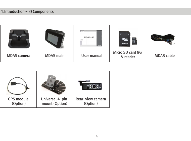 (Movon Driver Assistance System – 10)Thank you for purchasing Movon Advanced Driver Assistance-10(MDAS-10).Please read the manual carefully before installing and using MDAS-10.MDAS-10 is a single camera-based driver assistance system. The product focuses on assisting drivers by preventing drowsy or reckless driving, and recording driving information with the three functions listed belowEntering calibration modeLane departure warning(LDW) Provides Lane Departure Warning (LDW) for safe driving. It alerts the driver with sound and visual warnings and helps to regain direction if the driver departs lanes unintentionally. (*activated at 60 km/h (38 mph))2 Channel HD Dash camRecords scenes before and after an accident along with imminent crash situations based on gravity sensor and 720P recording performance. MADS-10 can record rearview scenes (480P) with an external back-up camera and the screen can be used as a rearview display.Digital TacographLogs 10 types of data related to driving information such as speed, break usage, RPM, GPS location, accumulated mileage, daily mileage, etc. Can benefit fleet managements and improve drivers’ driving behavior as a result of reducing accidents and saving fuel.1) Introduction 1. About MDAS-102. Specification3. Components4. Part description2) Installation 1. Cabling overview2. Installing  2.1 Installing rear-view cameras3. Calibration3) Function 1. Lane departure warning2. Dash cam3. Digital tachograph4) Operation 1. Set-up menu5) Warranty informationAny inappropriate or illegal activities or violation of traffic rules on the roads are drivers’ responsibility. Movon Corp. will not compensate any damage nor accept responsibility related to behaviors mentioned. After attaching the optional rear camera to preferred location on the rear windshield,  connect camera cable to the main cable’s 2.5ø slot.  press Calibration icon after MOVON logo disappearsAfter the car engine’s on, Initial calibration screen is the same as the picture on left.  Press Calibration once more to proceed to configuration. If the rear screen converts into the full screen in the PIP situation, LDWS should be not activated.Users can change recording time in DVR Setting.CautionBefore inserting or separating micro SD card, please turn off MDAS-10. If you do not, the recording images can become corrupted. It is recommended for micro SD card’s reliability to low-level format the SD Card periodically (approximately every 3-4 months).Caution : If using an external rear camera outside of the car, ensure that the external rear camera’s connector is following MDAS-10’s cable pin specification indicated on the picture.In addition, if the camera’s power consumption exceeds 5V, it will be powered from a separate power source(eg. rear lamp cables)Please be aware of Movon’s policy that private information and traffic related laws are users&apos; responsibility. MDAS-10 only gives warnings to drivers. The final decision to maneuver/control shall be made by drivers themselves.Customer service incurred by controlling while driving or damaging/revamping will not be guaranteed by Movon’s policy.The manual can be modified without notification. Explanations and images may not be up-to-date on the user manual for upgrading  or editing purposes.The product software is able to be modified for upgrading for better performance without informing in advanced. Please refer to the http://www.movon.co.kr or http://www.mdas.co.kr for latest updated information.Copyright ⓒ 2005 by Movon Corporation. All Rights Reserved.Table of contents11.Introduction - 2) Specification1.Introduction - 4) Part description1.Introduction - 3) Components1.Introduction - 1) IntroductionMajor functionsCPU Cortex A8 SeriesMDAS cameraScreen 4.3 inch, 480x272   pixel, touch screen panelCamera 1M pixel, Diagonal 103.2°CPowerVideoAudioMP4(H.264 codec: Front-720P, 30fps, Rear: 480P, 15~30fps)AAC/MP3FormatCameraLensAngle adjusterSpeedDistances between the wheelsDouble sided tapeCamera cableBody110 x 85 x 70 mm135 x 85 x 20 mmSizeStorageDC 12V/24V support (Consumption: 900mA)4~32GB Micro SD card supportOperating Temperature -20~65˚CEtc Built-in G-sensor, Mic, Speaker, Wi-Fi(Option), External GPS, Input Power port (Micro USB or Rear Connector), Camera port(micro USB)MDAS main User manualGPS module    (Option)Universal 4-pin mount (Option)Rear-view camera(Option)Micro SD card 8G &amp; reader MDAS cable2.Installation - 1) Cabling overview2.Installation - 3) calibration2.Installation - 3) calibration2.Installation - 3) calibrationLane Departure Warning1. LDW alerts the driver with sound and visual warnings when the vehicle departs from its lane unintentionally when     driving over 60km/h(38 mph).2. When MDAS-10 recognizes the lane markings in the environment while driving over 60km/h, the LCD of main body displays green      lines when the car stays in its lane and displays red lines when the car departs its lane.3. You can change the distance between the vehicle and the lane markings through sensibility adjustment.    (Refer to Set-up menu in Operation chapter)4. If you want to turn off a function of LDW, you can disable in ADAS mode  in Set-up menu in Operation.5. LDW will not be activated if you turn on left or right blinkers.    (If the LDW is activated, please read the direction light connection of FAQ)1. Normal mode: Records front and rear driving scenes simultaneously in real-time and recorded videos can be found in ory_rec folder.2. Event mode: When the impact is detected by G-Force sensor, the videos 10 seconds before and after of the event are saved in     evt_rec folder.3. Manual mode: If you press                    on the screen, the videos are recorded for 30 seconds from the time and saved urs_rec folder.  4. Rear camera: Rear scene can be checked through optional camera and the rear screen can be checked by PIP    (Picture in Picture) through               button on the LCD of main body.(Press the PIP screen to switch into the full screen)6. Recorded video play: You can play recorded videos through MDAS-10, MV(MDAS Viewer), VLC player, and players that play avifiles. (MV is included in SD card also it can be downloaded in Notice on www.mdas.co.kr. You can find the player in Notice board.)7. MDAS DVR viewer works normally on computers with 2Ghz CPU and 2GB RAM.8. File name can be expressed like ORY_20131201_205940_D (Type, date, time, D:dual S:single camera).   (ORY : Ordinary video recorded in real-time, EVT: Event video recorded, USR: Manual video)Users can allocate recording spaces of the normal mode/event mode/manual mode and format the SD card.1. MDAS-10 digital tachograph is designed in compliance with national standard and has obtained certification.2. The driving information such as speed, mileage, time, RPM and GPS location can be transferred to MDAS-10 via     CAN or analog communication.3. The driving information can be displayed after touching the DTG button as shown above. 4. DTG viewer needs to be downloaded from http://www.mdas.co.kr  in order to check the stored driving information.5. You can check the moving route and location in real time via Fleet Management Service by MOVON provided.      If you need the Fleet Managements Service, please call (+82) 2-2050-46766. All driving data can be recorded up to six months and the last ten seconds of the event data will be also recorded automatically.    5. Recording time(Normal+Event  videos)3.Function - 1) Lane Departure Warning062 Km 0.81 m1.24 m If REC button shows blue color  , it indicates video is not recorded. So, please ensure that the icon is red before using.Digital TachographRecord Setting3.Function - 2) 2CH Dash cam  3.Function - 3) Digital TachographTime Setting4.Operation - 1) Set-up menuTachograph Setting - 1Tachograph Setting - 3Tachograph Setting - 2/  MDAS-10’s Main Screen  G-Force sensor setting LCD’s display setting LDW setting - 2LDW setting - 1Wi-Fi Setting - 1 Miscellaneous SettingQuick Guide-3- -4--5- -6--7--9- -10--11--13--15- -16--17- -18--19- -20-345678101415161721MDAS -102.Installing - 2.1) Installing rear-view camerasUse auto off : Turns off the LCD display 1 minutes after MDAS-10                        is powered on.Use guide Line : Checks if LDW-related virtual Line is displayed. 4.Operation - 1) Set-up menu4.Operation - 1) Set-up menu 4.Operation - 1) Set-up menuProduct WarrantyProduct Warranty CardMDAS-10-21-The warranty period applies from the date of purchase by the first customer and is transferable only between end-users. The product warranty card and a copy of dated receipt “Proof of Purchase” are required. Otherwise, MDAS-10 is not covered by the limited product warranty.The warranty covers only manufacturing defects only which are occurred within warranty period.We confirm this product warranty complies with Consumer Laws under Korea Consumer Agency.After-sales Service center location : Movon Corp. ( T. +82 (02) 2050 4640 )Please download and back up all saved data before sending MDAS-10 to our After-sales Service center. We exclude all liability for loss of data. Warranty Period  / MDAS-10 :  1 year :  20,000Km  / Movon-providing microSD card : 3 months Movon-providing rear view camera : 6 monthsModelSerial No.Customer Name PhonePhoneAddressNameAddressSellerPurchasing DateTouch LCD MINI USBGPSReset hole Screen On/Off buttonMicro SD card slotMain cable portDo not modify nor disassemble the product.Do not install in disregard of installation instructions. It is recommended to go to a professional installation shop.Do not operate while driving, it is prohibited by law. If it is necessary, operate after stopping at a secure area.Do not sepaIf recorded videos are broken due to users mishandling, the damaged video is not guaranteed to recover. rate micro SD card from MDAS-10 while the power is on. Separate after turning off MDAS-10 if it is necessary.Do not touch the screen directly with sharp objects. Movon is not liable for damage of the screen.Operating temperature is -20~65℃(4~149 ℉). MDAS-10 may not operate properly and be damaged in excess of the temperature parameters.Lane departure warning system may not work properly due to camera locations and angle, excessive tint, etc. * PrecautionStep : 1 Remove the adhesive tape from the camera and attach to the center of front windshield from inside. And connect camera cable to the main cable * The location of camera that should be within +/-5cm from the center. Step 2 : Remove the adhesive tape from MDAS-10 body and attach to a preferred location or attach to the mount using 4 pin connector.Step 3 : Connect CAN High/Low cables to those corresponsive cables. If CAN signal is unavailable, connect speed, left/right turn signals, RPM(if needed) directly into corresponsive vehicle cables.Step 4 : Find accessory/ignition power(ex: clock, cigar) in fuse box and connect to ACC cable and fix the ground(GND) cable on a uncoated metallic part of the car body.Step 5 : Connect the main cable to MDAS-10 after finishing connecting signals with the car and GPS.-8-2.Installation - 2) Installing8G   6 hours   13 hours   26 hours16G 32GKC Certified : MSIP-CMM-MVN-MDAS10  Driver Registration : Registering a driverDriver Select : Selecting a driverDriver Delete : Deleting a driverType : Car typeID Number : Car VIN Number CalibrationIf the current car data(Speed, RPM) is not correct, userscan modify changed values.Registration : Car registration no.Provider : Registration no. of Transport OperatorAdvanced : Ordinary or event recording On/Off.        Voice recording On/Off.Memory : Memory-size setting                 You can format SD card in this menu.for recording hours.Basic : Video quality and recording hour unit change.The image shows all available menu settings. However, You may have limited access to menu settings on MDAS-10.Export : Exports driving information to an external deviceExport Info : Exported InformationChecking if GPS data/ time is functionoing and setting time.Change sensitivity of G-Force sensor.  The lower numbersin Step, the more sensitive.Select the auto maker (ex: GM, Ford, etc.), and then select the vehicle model in accordance with year of manufacture.If the vehicle model is not listed, go to www.mdas.co.kr andregister/sign-up in order to download the appropriate data file for the vehicle. Then, insert micro SD card after copying the data file on it.* Turn off power before inserting/separating micro SD card.* If the vehicle’s signal is not correct, you can modifty    the data by clicking “modify” in the final screen. So,    if a car signal is not received from the supposed data   connection, you can select a different type of data   you need. Enable WiFi :  Checks if Wi-Fi is activated.Adjust the camera knob to locate the yellow line on the horizon or between the red lines. You can enlarge the image by clicking the scene frame.2.Installation - 3) calibrationFirmware Update : Updates a Firmware.Default Setting : Initializes MDAS-10.Setting for LDW-alerting sound. Multiple choices available from A to C.Sensitivity setting for LDW.The closer each line is towards a car, the more sensitive.          Adjust yellow dot line to locate on the vanish line     Adjust the hood line to locate the boundary between the road    and vehicle hood.  Then input the vehicle width (From the edge    of right tire to the edge of left tire on the road) and  Input the    camera height (From the road to the camera lens)    Lane departure warning(LDW) sensitivity adjustment.If you want to change the warning timing, please click thelane marker. Default value is 0 (at 3) and every unit changes 10 CM length from its side.    Test signal connectionsTurn on right/left turn signal and check if red light is onthe screen. And press brake pedal and check if the red light is on the screen.In order to correct speed value, please press “40km” at24mph(40km/h). Likewise, for RPM, press “2000rpm) at2000rpm-12--14-If the camera is attached away from the center line of the vehicle, please adjust how far it is located from the center. Its unit is centimetre. (- is left side, + is right side)     Test signal connectionsOSD Setting Data/time, speed are displayed on  MDAS-10’s LCD.Select speed unit, Km/h  or mph (Initial value is Km/h)* Icon explanationVoice recording is unavailableSD card is not inserted SD card has a problem 