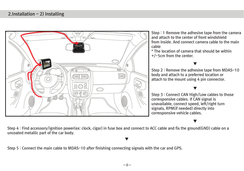 (Movon Driver Assistance System – 10)Thank you for purchasing Movon Advanced Driver Assistance-10(MDAS-10).Please read the manual carefully before installing and using MDAS-10.MDAS-10 is a single camera-based driver assistance system. The product focuses on assisting drivers by preventing drowsy or reckless driving, and recording driving information with the three functions listed belowEntering calibration modeLane departure warning(LDW) Provides Lane Departure Warning (LDW) for safe driving. It alerts the driver with sound and visual warnings and helps to regain direction if the driver departs lanes unintentionally. (*activated at 60 km/h (38 mph))2 Channel HD Dash camRecords scenes before and after an accident along with imminent crash situations based on gravity sensor and 720P recording performance. MADS-10 can record rearview scenes (480P) with an external back-up camera and the screen can be used as a rearview display.Digital TacographLogs 10 types of data related to driving information such as speed, break usage, RPM, GPS location, accumulated mileage, daily mileage, etc. Can benefit fleet managements and improve drivers’ driving behavior as a result of reducing accidents and saving fuel.1) Introduction 1. About MDAS-102. Specification3. Components4. Part description2) Installation 1. Cabling overview2. Installing  2.1 Installing rear-view cameras3. Calibration3) Function 1. Lane departure warning2. Dash cam3. Digital tachograph4) Operation 1. Set-up menu5) Warranty informationAny inappropriate or illegal activities or violation of traffic rules on the roads are drivers’ responsibility. Movon Corp. will not compensate any damage nor accept responsibility related to behaviors mentioned. After attaching the optional rear camera to preferred location on the rear windshield,  connect camera cable to the main cable’s 2.5ø slot.  press Calibration icon after MOVON logo disappearsAfter the car engine’s on, Initial calibration screen is the same as the picture on left.  Press Calibration once more to proceed to configuration. If the rear screen converts into the full screen in the PIP situation, LDWS should be not activated.Users can change recording time in DVR Setting.CautionBefore inserting or separating micro SD card, please turn off MDAS-10. If you do not, the recording images can become corrupted. It is recommended for micro SD card’s reliability to low-level format the SD Card periodically (approximately every 3-4 months).Caution : If using an external rear camera outside of the car, ensure that the external rear camera’s connector is following MDAS-10’s cable pin specification indicated on the picture.In addition, if the camera’s power consumption exceeds 5V, it will be powered from a separate power source(eg. rear lamp cables)Please be aware of Movon’s policy that private information and traffic related laws are users&apos; responsibility. MDAS-10 only gives warnings to drivers. The final decision to maneuver/control shall be made by drivers themselves.Customer service incurred by controlling while driving or damaging/revamping will not be guaranteed by Movon’s policy.The manual can be modified without notification. Explanations and images may not be up-to-date on the user manual for upgrading  or editing purposes.The product software is able to be modified for upgrading for better performance without informing in advanced. Please refer to the http://www.movon.co.kr or http://www.mdas.co.kr for latest updated information.Copyright ⓒ 2005 by Movon Corporation. All Rights Reserved.Table of contents11.Introduction - 2) Specification1.Introduction - 4) Part description1.Introduction - 3) Components1.Introduction - 1) IntroductionMajor functionsCPU Cortex A8 SeriesMDAS cameraScreen 4.3 inch, 480x272   pixel, touch screen panelCamera 1M pixel, Diagonal 103.2°CPowerVideoAudioMP4(H.264 codec: Front-720P, 30fps, Rear: 480P, 15~30fps)AAC/MP3FormatCameraLensAngle adjusterSpeedDistances between the wheelsDouble sided tapeCamera cableBody110 x 85 x 70 mm135 x 85 x 20 mmSizeStorageDC 12V/24V support (Consumption: 900mA)4~32GB Micro SD card supportOperating Temperature -20~65˚CEtc Built-in G-sensor, Mic, Speaker, Wi-Fi(Option), External GPS, Input Power port (Micro USB or Rear Connector), Camera port(micro USB)MDAS main User manualGPS module    (Option)Universal 4-pin mount (Option)Rear-view camera(Option)Micro SD card 8G &amp; reader MDAS cable2.Installation - 1) Cabling overview2.Installation - 3) calibration2.Installation - 3) calibration2.Installation - 3) calibrationLane Departure Warning1. LDW alerts the driver with sound and visual warnings when the vehicle departs from its lane unintentionally when     driving over 60km/h(38 mph).2. When MDAS-10 recognizes the lane markings in the environment while driving over 60km/h, the LCD of main body displays green      lines when the car stays in its lane and displays red lines when the car departs its lane.3. You can change the distance between the vehicle and the lane markings through sensibility adjustment.    (Refer to Set-up menu in Operation chapter)4. If you want to turn off a function of LDW, you can disable in ADAS mode  in Set-up menu in Operation.5. LDW will not be activated if you turn on left or right blinkers.    (If the LDW is activated, please read the direction light connection of FAQ)1. Normal mode: Records front and rear driving scenes simultaneously in real-time and recorded videos can be found in ory_rec folder.2. Event mode: When the impact is detected by G-Force sensor, the videos 10 seconds before and after of the event are saved in     evt_rec folder.3. Manual mode: If you press                    on the screen, the videos are recorded for 30 seconds from the time and saved urs_rec folder.  4. Rear camera: Rear scene can be checked through optional camera and the rear screen can be checked by PIP    (Picture in Picture) through               button on the LCD of main body.(Press the PIP screen to switch into the full screen)6. Recorded video play: You can play recorded videos through MDAS-10, MV(MDAS Viewer), VLC player, and players that play avifiles. (MV is included in SD card also it can be downloaded in Notice on www.mdas.co.kr. You can find the player in Notice board.)7. MDAS DVR viewer works normally on computers with 2Ghz CPU and 2GB RAM.8. File name can be expressed like ORY_20131201_205940_D (Type, date, time, D:dual S:single camera).   (ORY : Ordinary video recorded in real-time, EVT: Event video recorded, USR: Manual video)Users can allocate recording spaces of the normal mode/event mode/manual mode and format the SD card.1. MDAS-10 digital tachograph is designed in compliance with national standard and has obtained certification.2. The driving information such as speed, mileage, time, RPM and GPS location can be transferred to MDAS-10 via     CAN or analog communication.3. The driving information can be displayed after touching the DTG button as shown above. 4. DTG viewer needs to be downloaded from http://www.mdas.co.kr  in order to check the stored driving information.5. You can check the moving route and location in real time via Fleet Management Service by MOVON provided.      If you need the Fleet Managements Service, please call (+82) 2-2050-46766. All driving data can be recorded up to six months and the last ten seconds of the event data will be also recorded automatically.    5. Recording time(Normal+Event  videos)3.Function - 1) Lane Departure Warning062 Km 0.81 m1.24 m If REC button shows blue color  , it indicates video is not recorded. So, please ensure that the icon is red before using.Digital TachographRecord Setting3.Function - 2) 2CH Dash cam  3.Function - 3) Digital TachographTime Setting4.Operation - 1) Set-up menuTachograph Setting - 1Tachograph Setting - 3Tachograph Setting - 2/  MDAS-10’s Main Screen  G-Force sensor setting LCD’s display setting LDW setting - 2LDW setting - 1Wi-Fi Setting - 1 Miscellaneous SettingQuick Guide-3- -4--5- -6--7--9- -10--11--13--15- -16--17- -18--19- -20-345678101415161721MDAS -102.Installing - 2.1) Installing rear-view camerasUse auto off : Turns off the LCD display 1 minutes after MDAS-10                        is powered on.Use guide Line : Checks if LDW-related virtual Line is displayed. 4.Operation - 1) Set-up menu4.Operation - 1) Set-up menu 4.Operation - 1) Set-up menuProduct WarrantyProduct Warranty CardMDAS-10-21-The warranty period applies from the date of purchase by the first customer and is transferable only between end-users. The product warranty card and a copy of dated receipt “Proof of Purchase” are required. Otherwise, MDAS-10 is not covered by the limited product warranty.The warranty covers only manufacturing defects only which are occurred within warranty period.We confirm this product warranty complies with Consumer Laws under Korea Consumer Agency.After-sales Service center location : Movon Corp. ( T. +82 (02) 2050 4640 )Please download and back up all saved data before sending MDAS-10 to our After-sales Service center. We exclude all liability for loss of data. Warranty Period  / MDAS-10 :  1 year :  20,000Km  / Movon-providing microSD card : 3 months Movon-providing rear view camera : 6 monthsModelSerial No.Customer Name PhonePhoneAddressNameAddressSellerPurchasing DateTouch LCD MINI USBGPSReset hole Screen On/Off buttonMicro SD card slotMain cable portDo not modify nor disassemble the product.Do not install in disregard of installation instructions. It is recommended to go to a professional installation shop.Do not operate while driving, it is prohibited by law. If it is necessary, operate after stopping at a secure area.Do not sepaIf recorded videos are broken due to users mishandling, the damaged video is not guaranteed to recover. rate micro SD card from MDAS-10 while the power is on. Separate after turning off MDAS-10 if it is necessary.Do not touch the screen directly with sharp objects. Movon is not liable for damage of the screen.Operating temperature is -20~65℃(4~149 ℉). MDAS-10 may not operate properly and be damaged in excess of the temperature parameters.Lane departure warning system may not work properly due to camera locations and angle, excessive tint, etc. * PrecautionStep : 1 Remove the adhesive tape from the camera and attach to the center of front windshield from inside. And connect camera cable to the main cable * The location of camera that should be within +/-5cm from the center. Step 2 : Remove the adhesive tape from MDAS-10 body and attach to a preferred location or attach to the mount using 4 pin connector.Step 3 : Connect CAN High/Low cables to those corresponsive cables. If CAN signal is unavailable, connect speed, left/right turn signals, RPM(if needed) directly into corresponsive vehicle cables.Step 4 : Find accessory/ignition power(ex: clock, cigar) in fuse box and connect to ACC cable and fix the ground(GND) cable on a uncoated metallic part of the car body.Step 5 : Connect the main cable to MDAS-10 after finishing connecting signals with the car and GPS.-8-2.Installation - 2) Installing8G   6 hours   13 hours   26 hours16G 32GKC Certified : MSIP-CMM-MVN-MDAS10  Driver Registration : Registering a driverDriver Select : Selecting a driverDriver Delete : Deleting a driverType : Car typeID Number : Car VIN Number CalibrationIf the current car data(Speed, RPM) is not correct, userscan modify changed values.Registration : Car registration no.Provider : Registration no. of Transport OperatorAdvanced : Ordinary or event recording On/Off.        Voice recording On/Off.Memory : Memory-size setting                 You can format SD card in this menu.for recording hours.Basic : Video quality and recording hour unit change.The image shows all available menu settings. However, You may have limited access to menu settings on MDAS-10.Export : Exports driving information to an external deviceExport Info : Exported InformationChecking if GPS data/ time is functionoing and setting time.Change sensitivity of G-Force sensor.  The lower numbersin Step, the more sensitive.Select the auto maker (ex: GM, Ford, etc.), and then select the vehicle model in accordance with year of manufacture.If the vehicle model is not listed, go to www.mdas.co.kr andregister/sign-up in order to download the appropriate data file for the vehicle. Then, insert micro SD card after copying the data file on it.* Turn off power before inserting/separating micro SD card.* If the vehicle’s signal is not correct, you can modifty    the data by clicking “modify” in the final screen. So,    if a car signal is not received from the supposed data   connection, you can select a different type of data   you need. Enable WiFi :  Checks if Wi-Fi is activated.Adjust the camera knob to locate the yellow line on the horizon or between the red lines. You can enlarge the image by clicking the scene frame.2.Installation - 3) calibrationFirmware Update : Updates a Firmware.Default Setting : Initializes MDAS-10.Setting for LDW-alerting sound. Multiple choices available from A to C.Sensitivity setting for LDW.The closer each line is towards a car, the more sensitive.          Adjust yellow dot line to locate on the vanish line     Adjust the hood line to locate the boundary between the road    and vehicle hood.  Then input the vehicle width (From the edge    of right tire to the edge of left tire on the road) and  Input the    camera height (From the road to the camera lens)    Lane departure warning(LDW) sensitivity adjustment.If you want to change the warning timing, please click thelane marker. Default value is 0 (at 3) and every unit changes 10 CM length from its side.    Test signal connectionsTurn on right/left turn signal and check if red light is onthe screen. And press brake pedal and check if the red light is on the screen.In order to correct speed value, please press “40km” at24mph(40km/h). Likewise, for RPM, press “2000rpm) at2000rpm-12--14-If the camera is attached away from the center line of the vehicle, please adjust how far it is located from the center. Its unit is centimetre. (- is left side, + is right side)     Test signal connectionsOSD Setting Data/time, speed are displayed on  MDAS-10’s LCD.Select speed unit, Km/h  or mph (Initial value is Km/h)* Icon explanationVoice recording is unavailableSD card is not inserted SD card has a problem 