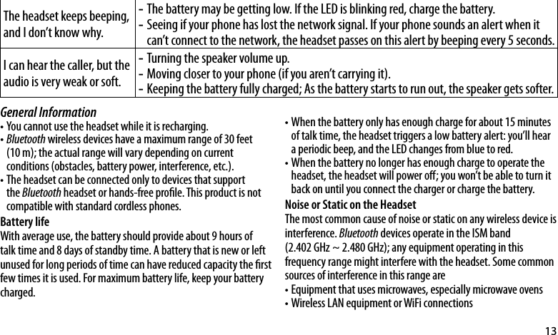 13The headset keeps beeping, and I don’t know why.The battery may be getting low. If the LED is blinking red, charge the battery. -Seeing if your phone has lost the network signal. If your phone sounds an alert when it  -can’t connect to the network, the headset passes on this alert by beeping every 5 seconds. I can hear the caller, but the audio is very weak or soft.Turning the speaker volume up. -Moving closer to your phone (if you aren’t carrying it). -Keeping the battery fully charged; As the battery starts to run out, the speaker gets softer. -General InformationYou cannot use the headset while it is recharging.•Bluetooth•  wireless devices have a maximum range of 30 feet  (10 m); the actual range will vary depending on current conditions (obstacles, battery power, interference, etc.).The headset can be connected only to devices that support •the Bluetooth headset or hands-free prole. This product is not compatible with standard cordless phones.Battery lifeWith average use, the battery should provide about 9 hours of talk time and 8 days of standby time. A battery that is new or left unused for long periods of time can have reduced capacity the rst few times it is used. For maximum battery life, keep your battery charged.•Whenthebatteryonlyhasenoughchargeforabout15minutesof talk time, the headset triggers a low battery alert: you’ll hear a periodic beep, and the LED changes from blue to red.When the battery no longer has enough charge to operate the •headset, the headset will power o; you won’t be able to turn it back on until you connect the charger or charge the battery.Noise or Static on the HeadsetThe most common cause of noise or static on any wireless device is interference. Bluetooth devices operate in the ISM band  (2.402 GHz ~ 2.480 GHz); any equipment operating in this frequency range might interfere with the headset. Some common sources of interference in this range areEquipment that uses microwaves, especially microwave ovens•Wireless LAN equipment or WiFi connections•