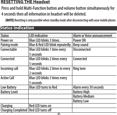  RESETTING THE Headset  Press and hold Multi-Function button and volume button simultaneously for     4 seconds then all information in headset will be deleted.          [NOTE] Resetting is only possible when standby mode after disconnecting with your mobile phone.Status indicationStatus LED indication Alarm or Voice announcementPower on Blue LED blinks 3 times. Power ON Pairing mode Blue &amp; Red LED blink repeatedly. Beep sound Connectable Blue LED blinks 1 time every 5 secondsDisconnectedConnected Blue LED blinks 2 times every 5 secondsConnectedIncoming call Blue LED blinks 2 times in every 2 secondsRing toneActive Call Blue LED blinks 3 times every 5 secondsLow Battery Blue LED turns to Red Alarm every 30 secondsBattery Level Battery HighBattery MediumBattery LowCharging Red LED turns onCharging Completed Red LED turns o-7-