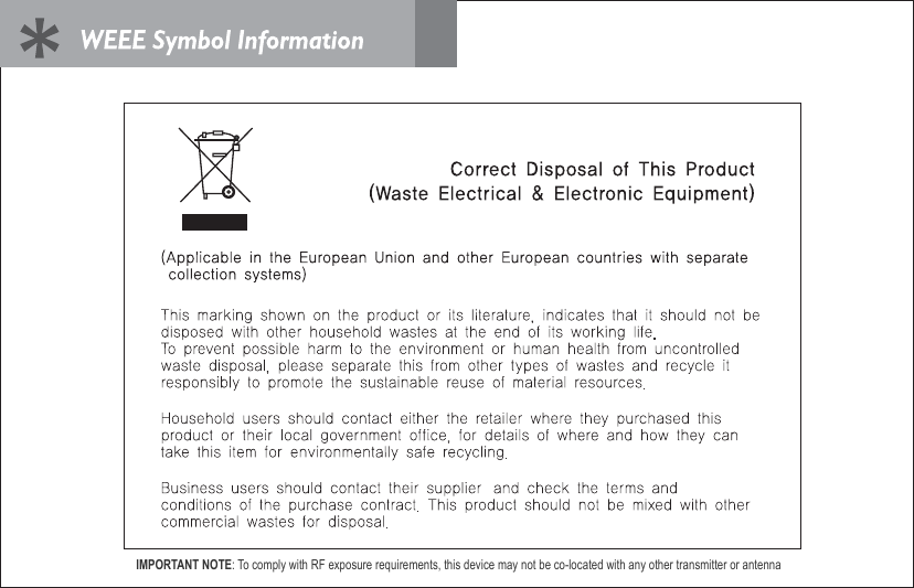 IMPORTANT NOTE: To comply with RF exposure requirements, this device may not be co-located with any other transmitter or antenna 