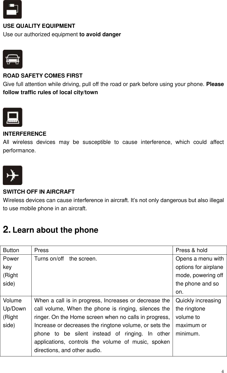  4   USE QUALITY EQUIPMENT Use our authorized equipment to avoid danger   ROAD SAFETY COMES FIRST Give full attention while driving, pull off the road or park before using your phone. Please follow traffic rules of local city/town   INTERFERENCE All  wireless  devices  may  be  susceptible  to  cause  interference,  which  could  affect performance.   SWITCH OFF IN AIRCRAFT Wireless devices can cause interference in aircraft. It&rsquo;s not only dangerous but also illegal to use mobile phone in an aircraft.  2. Learn about the phone  Button Press Press &amp; hold Power key (Right side) Turns on/off    the screen. Opens a menu with options for airplane mode, powering off the phone and so on. Volume Up/Down (Right side) When a call is in progress, Increases or decrease the call volume, When the phone is  ringing, silences the ringer. On the Home screen when no calls in progress, Increase or decreases the ringtone volume, or sets the phone  to  be  silent  instead  of  ringing.  In  other applications,  controls  the  volume  of  music,  spoken directions, and other audio. Quickly increasing the ringtone volume to maximum or minimum. 