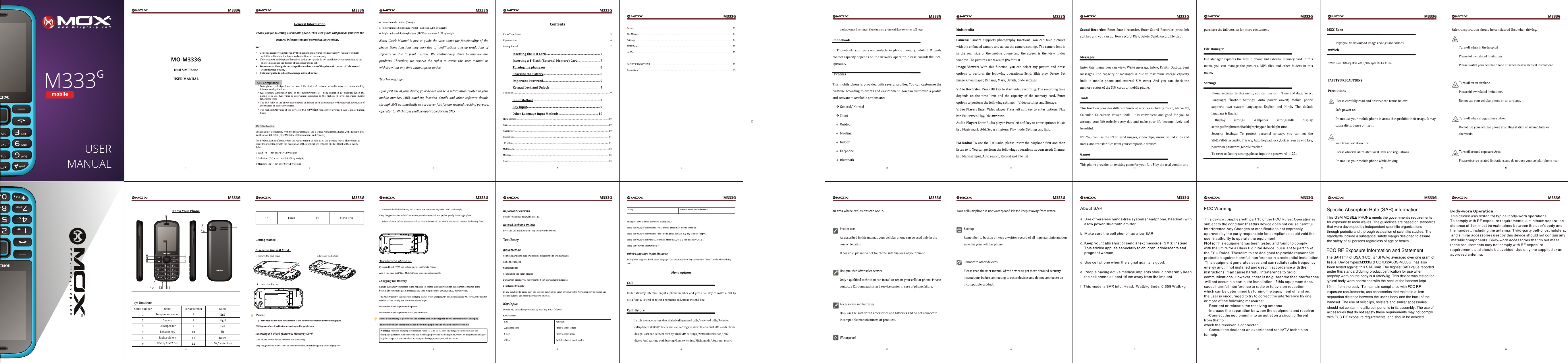14 56798101112 132314Specific Absorption Rate (SAR) information: This GSM MOBILE PHONE meets the government's requirements for exposure to radio waves. The guidelines are based on standards that were developed by independent scientific organizations through periodic and thorough evaluation of scientific studies. The standards include a substantial safety margin designed to assure the safety of all persons regardless of age or health. FCC RF Exposure Information and Statement The SAR limit of USA (FCC) is 1.6 W/kg averaged over one gram of tissue. Device types:M333G (FCC ID:2ABBS-M333G) has also been tested against this SAR limit. The highest SAR value reported under this standard during product certification for use when properly worn on the body is 0.682W/kg. This device was tested for typical body-worn operations with the back of the handset kept 10mm from the body. To maintain compliance with FCC RF exposure requirements, use accessories that maintain a 1cm separation distance between the user's body and the back of the handset. The use of belt clips, holsters and similar accessories should not contain metallic components in its assembly. The use of accessories that do not satisfy these requirements may not comply with FCC RF exposure requirements, and should be avoided. 