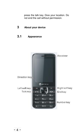 - 4 - press the talk key. Give your location. Do not end the call without permission.  3  About your device 3.1 Appearance       Receiver Right  soft key  End key Torch Camera Speaker 