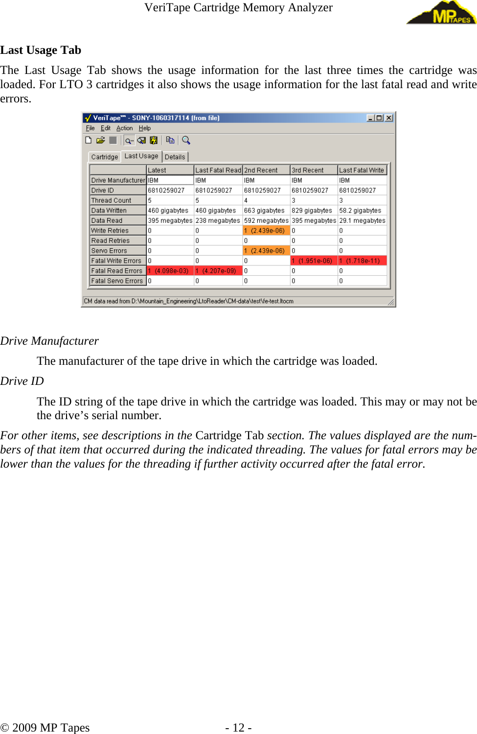 VeriTape Cartridge Memory Analyzer Last Usage Tab The Last Usage Tab shows the usage information for the last three times the cartridge was loaded. For LTO 3 cartridges it also shows the usage information for the last fatal read and write errors. Drive Manufacturer The manufacturer of the tape drive in which the cartridge was loaded. Drive ID The ID string of the tape drive in which the cartridge was loaded. This may or may not be the drive’s serial number. For other items, see descriptions in the Cartridge Tab section. The values displayed are the num-bers of that item that occurred during the indicated threading. The values for fatal errors may be lower than the values for the threading if further activity occurred after the fatal error. © 2009 MP Tapes - 12 -