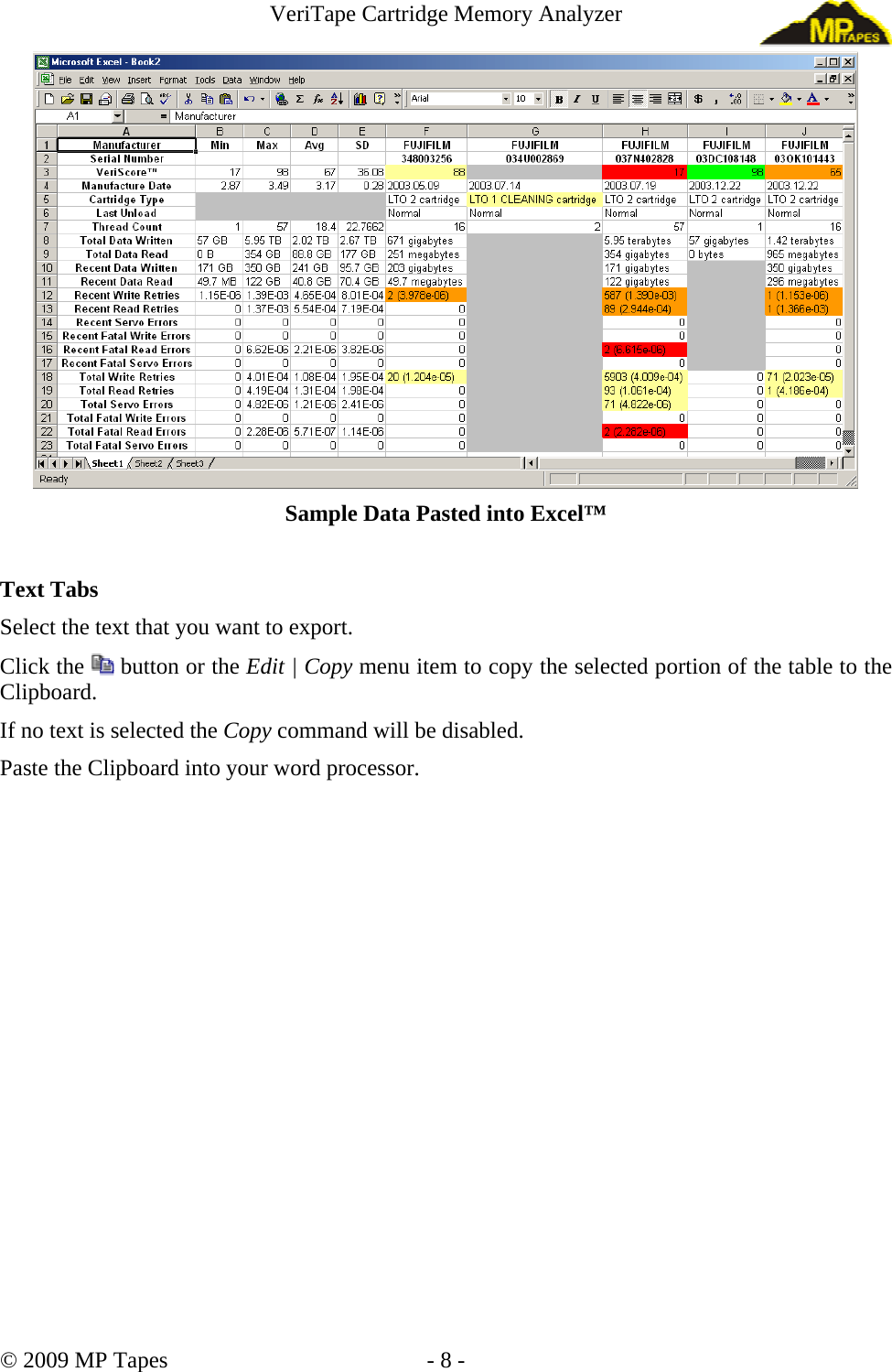 VeriTape Cartridge Memory Analyzer Sample Data Pasted into Excel™ Text Tabs Select the text that you want to export. Click the button or the Edit | Copy menu item to copy the selected portion of the table to the Clipboard. If no text is selected the Copy command will be disabled. Paste the Clipboard into your word processor. © 2009 MP Tapes - 8 -