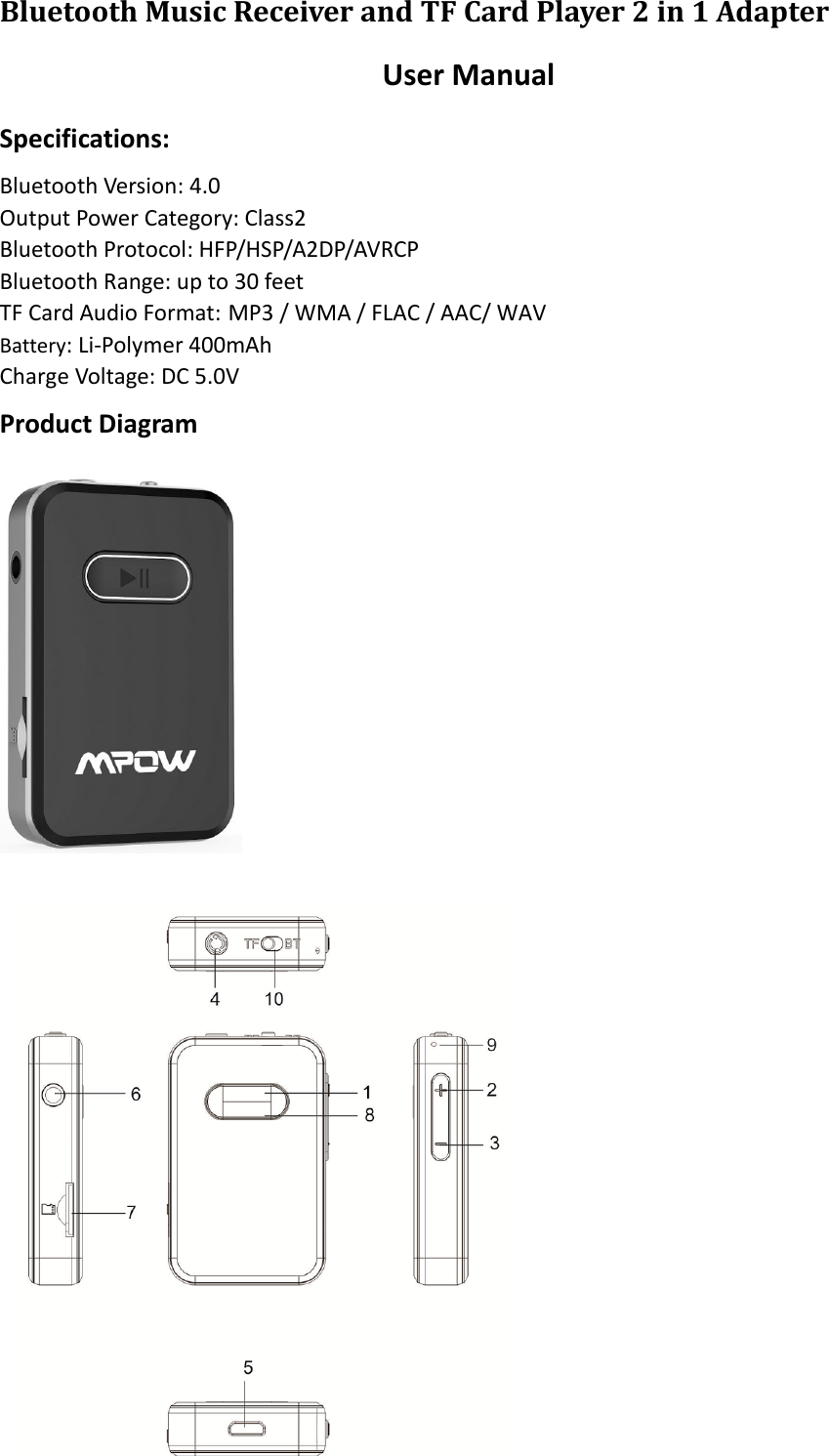 Page 1 of MPOW TECHNOLOGY BH182A Bluetooth music receiver User Manual 