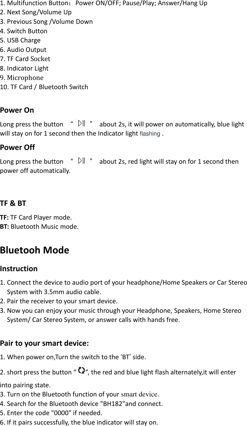 Page 2 of MPOW TECHNOLOGY BH182A Bluetooth music receiver User Manual 