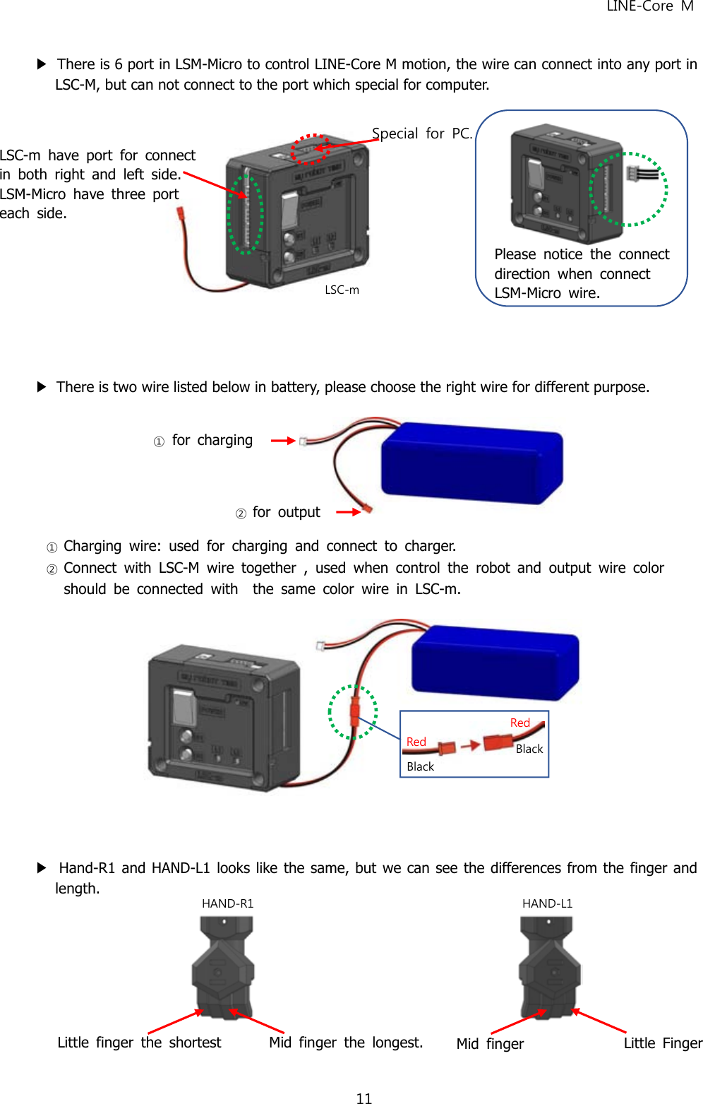 LINE-Core M11▶There is 6 port in LSM-Micro to control LINE-Core M motion, the wire can connect into any port inLSC-M, but can not connect to the port which special for computer.▶There is two wire listed below in battery, please choose the right wire for different purpose.①Charging wire: used for charging and connect to charger.②Connect with LSC-M wire together , used when control the robot and output wire colorshould be connected with the same color wire in LSC-m.▶Hand-R1 and HAND-L1 looks like the same, but we can see the differences from the finger andlength.HAND-R1HAND-L1Little finger the shortestMid finger the longest.Mid fingerLittle FingerRedBlackRedBlack①for charging②for outputSpecial for PC.LSC-m have port for connectin both right and left side.LSM-Micro have three porteach side.LSC-mPlease notice the connectdirection when connectLSM-Micro wire.