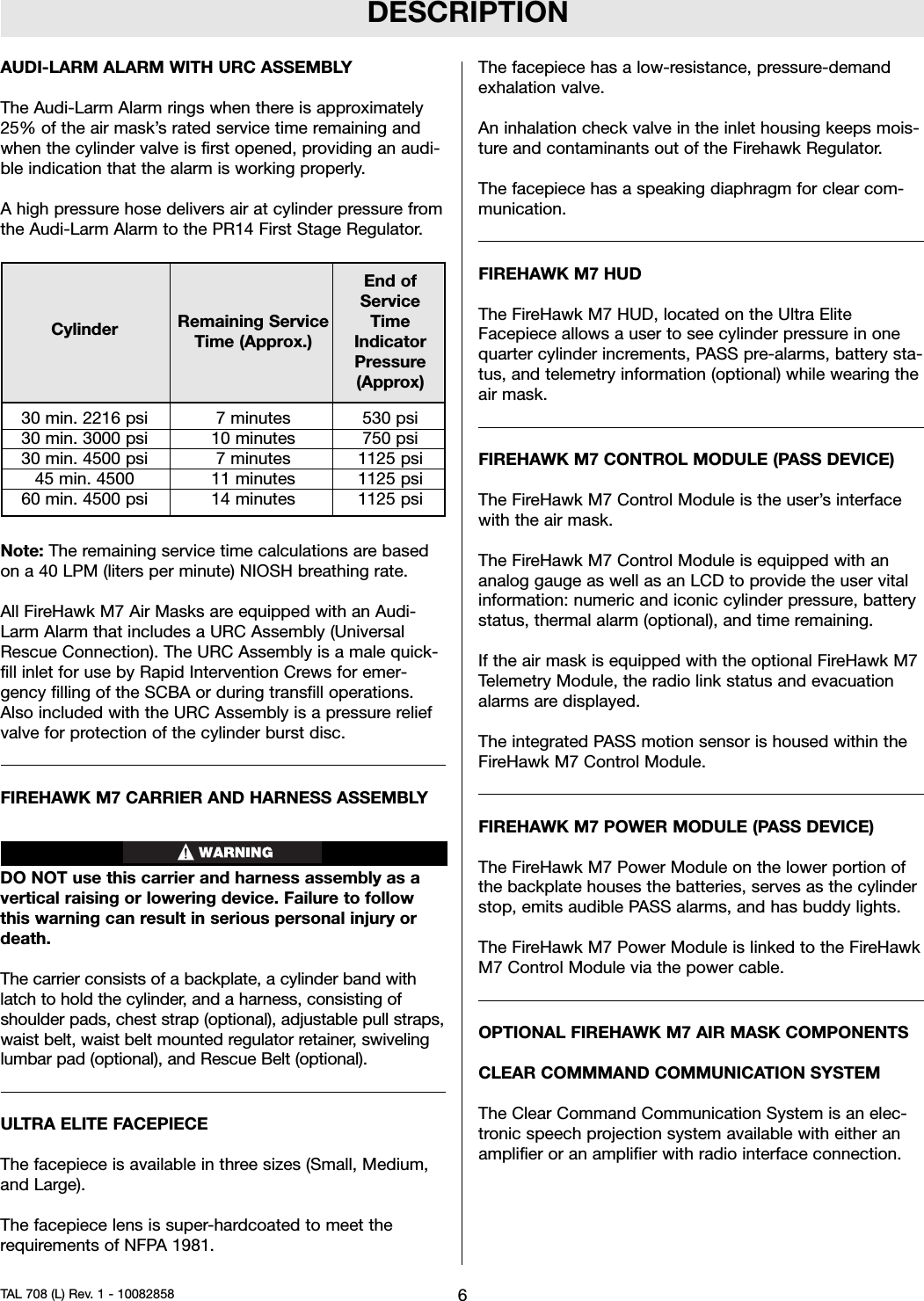 AUDI-LARM ALARM WITH URC ASSEMBLYThe Audi-Larm Alarm rings when there is approximately25% of the air mask’s rated service time remaining andwhen the cylinder valve is first opened, providing an audi-ble indication that the alarm is working properly.A high pressure hose delivers air at cylinder pressure fromthe Audi-Larm Alarm to the PR14 First Stage Regulator.Note: The remaining service time calculations are basedon a 40 LPM (liters per minute) NIOSH breathing rate.All FireHawk M7 Air Masks are equipped with an Audi-Larm Alarm that includes a URC Assembly (UniversalRescue Connection). The URC Assembly is a male quick-fill inlet for use by Rapid Intervention Crews for emer-gency filling of the SCBA or during transfill operations.Also included with the URC Assembly is a pressure reliefvalve for protection of the cylinder burst disc.FIREHAWK M7 CARRIER AND HARNESS ASSEMBLYDO NOT use this carrier and harness assembly as avertical raising or lowering device. Failure to followthis warning can result in serious personal injury ordeath.The carrier consists of a backplate, a cylinder band withlatch to hold the cylinder, and a harness, consisting ofshoulder pads, chest strap (optional), adjustable pull straps,waist belt, waist belt mounted regulator retainer, swivelinglumbar pad (optional), and Rescue Belt (optional).ULTRA ELITE FACEPIECEThe facepiece is available in three sizes (Small, Medium,and Large).The facepiece lens is super-hardcoated to meet therequirements of NFPA 1981.The facepiece has a low-resistance, pressure-demandexhalation valve.An inhalation check valve in the inlet housing keeps mois-ture and contaminants out of the Firehawk Regulator.The facepiece has a speaking diaphragm for clear com-munication.FIREHAWK M7 HUDThe FireHawk M7 HUD, located on the Ultra EliteFacepiece allows a user to see cylinder pressure in onequarter cylinder increments, PASS pre-alarms, battery sta-tus, and telemetry information (optional) while wearing theair mask.FIREHAWK M7 CONTROL MODULE (PASS DEVICE)The FireHawk M7 Control Module is the user’s interfacewith the air mask.The FireHawk M7 Control Module is equipped with ananalog gauge as well as an LCD to provide the user vitalinformation: numeric and iconic cylinder pressure, batterystatus, thermal alarm (optional), and time remaining.If the air mask is equipped with the optional FireHawk M7Telemetry Module, the radio link status and evacuationalarms are displayed.The integrated PASS motion sensor is housed within theFireHawk M7 Control Module.FIREHAWK M7 POWER MODULE (PASS DEVICE)The FireHawk M7 Power Module on the lower portion ofthe backplate houses the batteries, serves as the cylinderstop, emits audible PASS alarms, and has buddy lights.The FireHawk M7 Power Module is linked to the FireHawkM7 Control Module via the power cable.OPTIONAL FIREHAWK M7 AIR MASK COMPONENTSCLEAR COMMMAND COMMUNICATION SYSTEMThe Clear Command Communication System is an elec-tronic speech projection system available with either anamplifier or an amplifier with radio interface connection.DESCRIPTION6TAL 708 (L) Rev. 1 - 10082858End ofServiceCylinder Remaining Service TimeTime (Approx.) IndicatorPressure(Approx)30 min. 2216 psi 7 minutes 530 psi30 min. 3000 psi 10 minutes 750 psi30 min. 4500 psi 7 minutes 1125 psi45 min. 4500 11 minutes 1125 psi60 min. 4500 psi 14 minutes 1125 psi