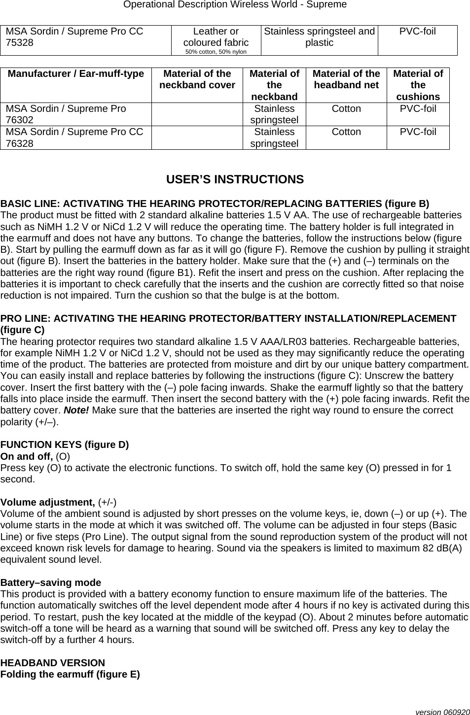 Operational Description Wireless World - Supreme  version 060920 MSA Sordin / Supreme Pro CC 75328  Leather or coloured fabric 50% cotton, 50% nylon Stainless springsteel and plastic  PVC-foil  Manufacturer / Ear-muff-type  Material of the neckband cover  Material of the neckband Material of the headband net  Material of the cushions MSA Sordin / Supreme Pro 76302   Stainless springsteel  Cotton PVC-foil MSA Sordin / Supreme Pro CC 76328   Stainless springsteel  Cotton PVC-foil   USER’S INSTRUCTIONS  BASIC LINE: ACTIVATING THE HEARING PROTECTOR/REPLACING BATTERIES (figure B)  The product must be fitted with 2 standard alkaline batteries 1.5 V AA. The use of rechargeable batteries such as NiMH 1.2 V or NiCd 1.2 V will reduce the operating time. The battery holder is full integrated in the earmuff and does not have any buttons. To change the batteries, follow the instructions below (figure B). Start by pulling the earmuff down as far as it will go (figure F). Remove the cushion by pulling it straight out (figure B). Insert the batteries in the battery holder. Make sure that the (+) and (–) terminals on the batteries are the right way round (figure B1). Refit the insert and press on the cushion. After replacing the batteries it is important to check carefully that the inserts and the cushion are correctly fitted so that noise reduction is not impaired. Turn the cushion so that the bulge is at the bottom.  PRO LINE: ACTIVATING THE HEARING PROTECTOR/BATTERY INSTALLATION/REPLACEMENT (figure C) The hearing protector requires two standard alkaline 1.5 V AAA/LR03 batteries. Rechargeable batteries, for example NiMH 1.2 V or NiCd 1.2 V, should not be used as they may significantly reduce the operating time of the product. The batteries are protected from moisture and dirt by our unique battery compartment. You can easily install and replace batteries by following the instructions (figure C): Unscrew the battery cover. Insert the first battery with the (–) pole facing inwards. Shake the earmuff lightly so that the battery falls into place inside the earmuff. Then insert the second battery with the (+) pole facing inwards. Refit the battery cover. Note! Make sure that the batteries are inserted the right way round to ensure the correct polarity (+/–).  FUNCTION KEYS (figure D) On and off, (O) Press key (O) to activate the electronic functions. To switch off, hold the same key (O) pressed in for 1 second.  Volume adjustment, (+/-) Volume of the ambient sound is adjusted by short presses on the volume keys, ie, down (–) or up (+). The volume starts in the mode at which it was switched off. The volume can be adjusted in four steps (Basic Line) or five steps (Pro Line). The output signal from the sound reproduction system of the product will not exceed known risk levels for damage to hearing. Sound via the speakers is limited to maximum 82 dB(A) equivalent sound level.  Battery–saving mode This product is provided with a battery economy function to ensure maximum life of the batteries. The function automatically switches off the level dependent mode after 4 hours if no key is activated during this period. To restart, push the key located at the middle of the keypad (O). About 2 minutes before automatic switch-off a tone will be heard as a warning that sound will be switched off. Press any key to delay the switch-off by a further 4 hours.   HEADBAND VERSION  Folding the earmuff (figure E) 