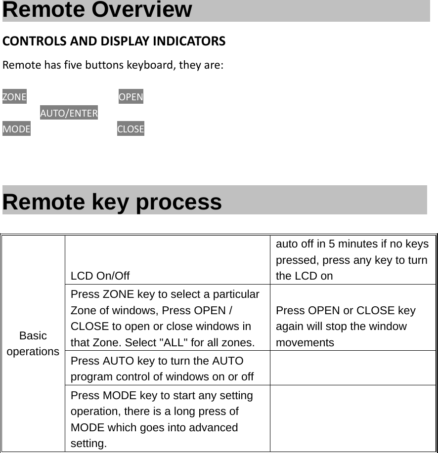 Remote Overview                      CONTROLSANDDISPLAYINDICATORSRemotehasfivebuttonskeyboard,theyare:ZONEOPENAUTO/ENTERMODECLOSERemote key process                   Basic operations LCD On/Off auto off in 5 minutes if no keys pressed, press any key to turn the LCD on Press ZONE key to select a particular Zone of windows, Press OPEN / CLOSE to open or close windows in that Zone. Select "ALL" for all zones. Press OPEN or CLOSE key again will stop the window movements Press AUTO key to turn the AUTO program control of windows on or off Press MODE key to start any setting operation, there is a long press of MODE which goes into advanced setting. 