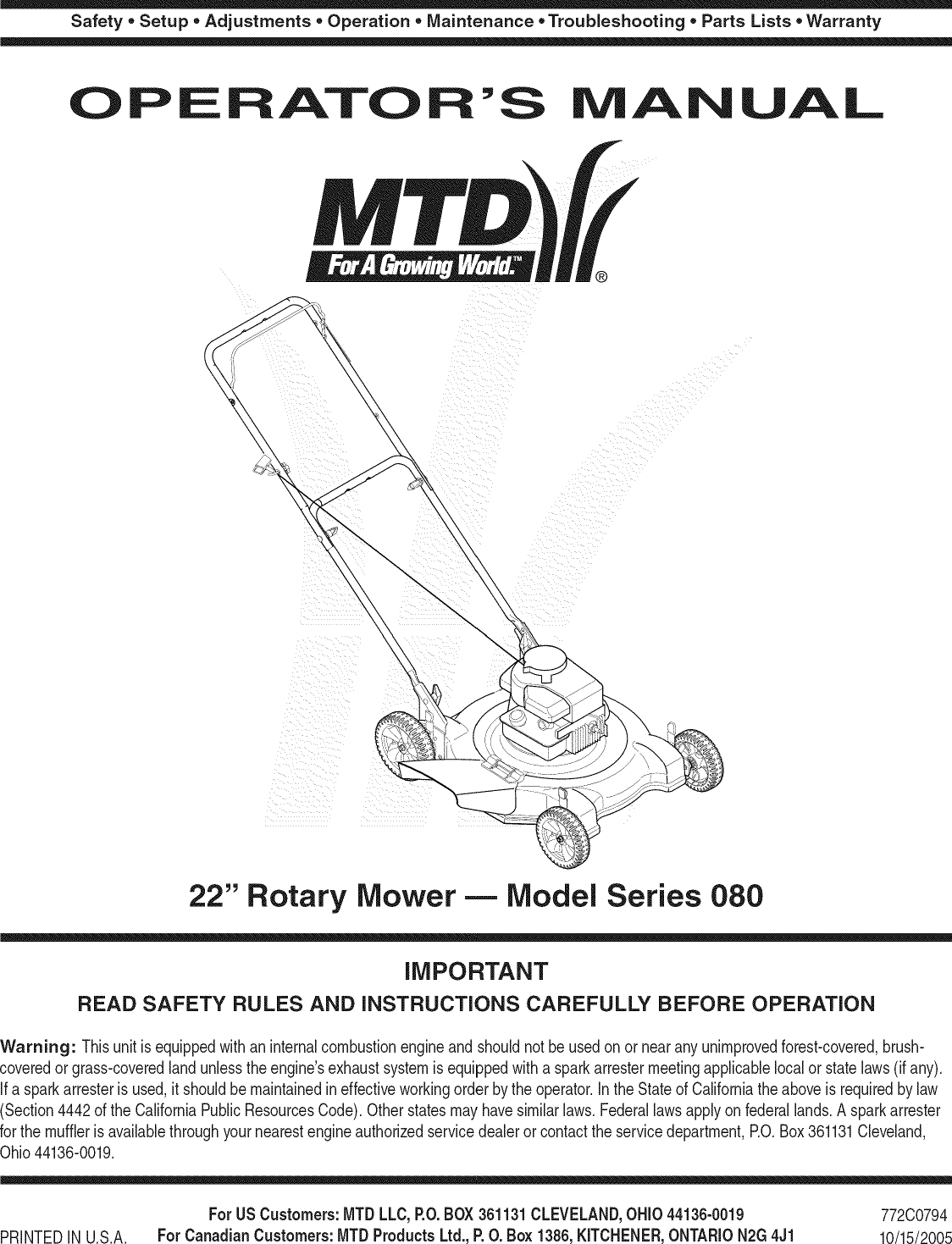 MTD 11A 083A800 User Manual LAWN MOWER Manuals And Guides 1108464L