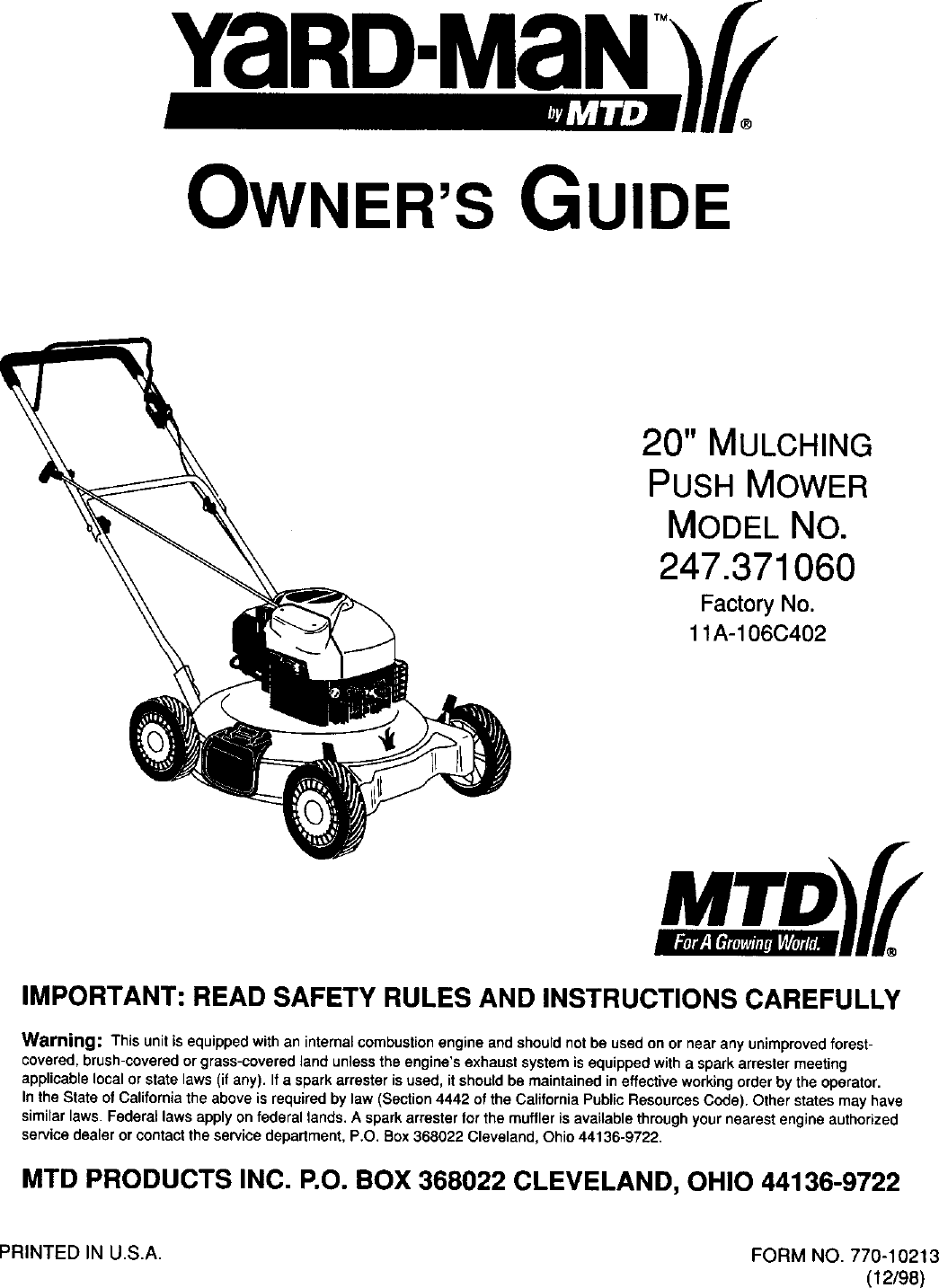 Mtd 11a 106c402 User Manual Lawn Mower Manuals And Guides 99030655