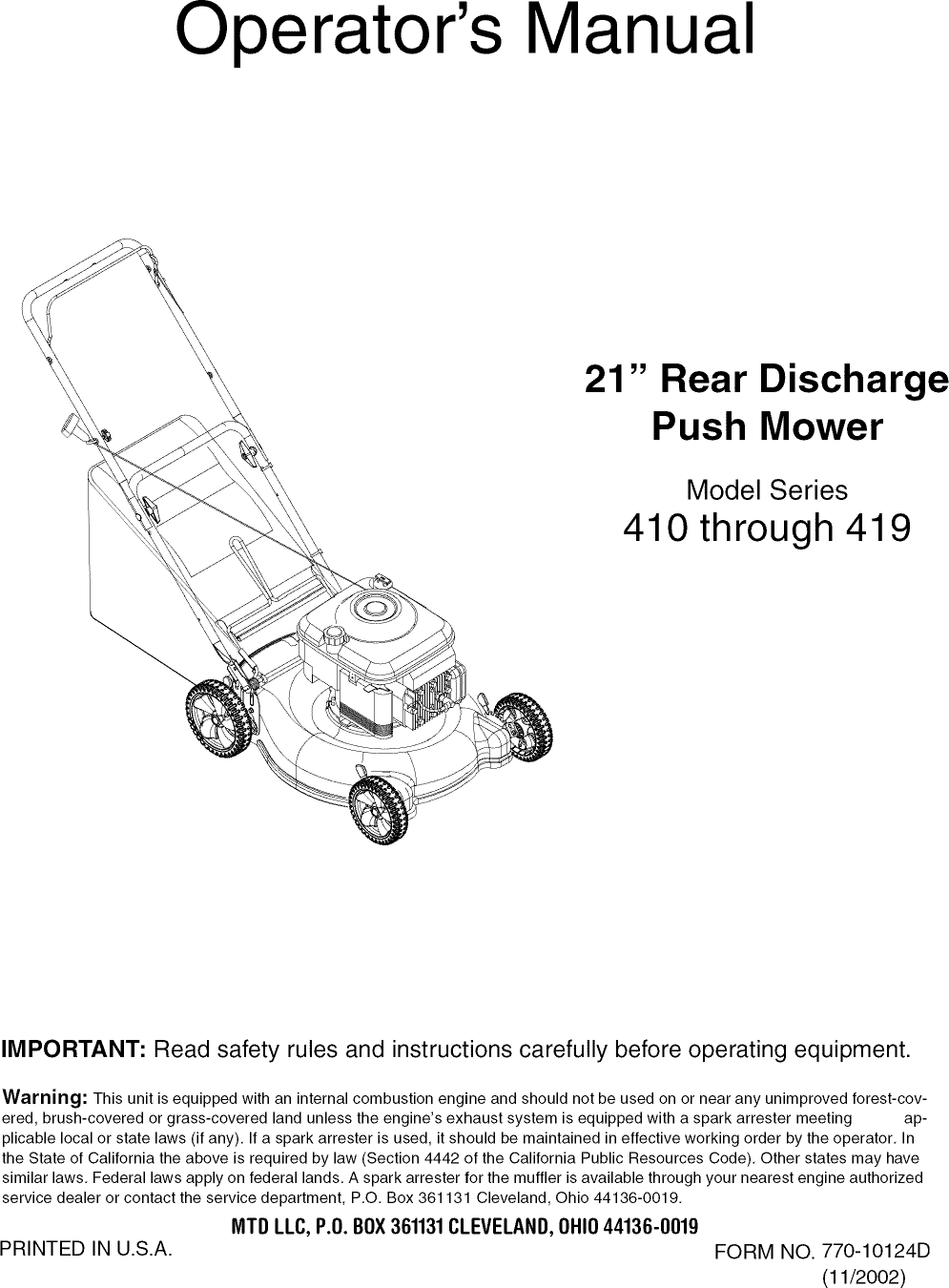 MTD 11A 418B752 User Manual LAWN MOWER Manuals And Guides 1108160L