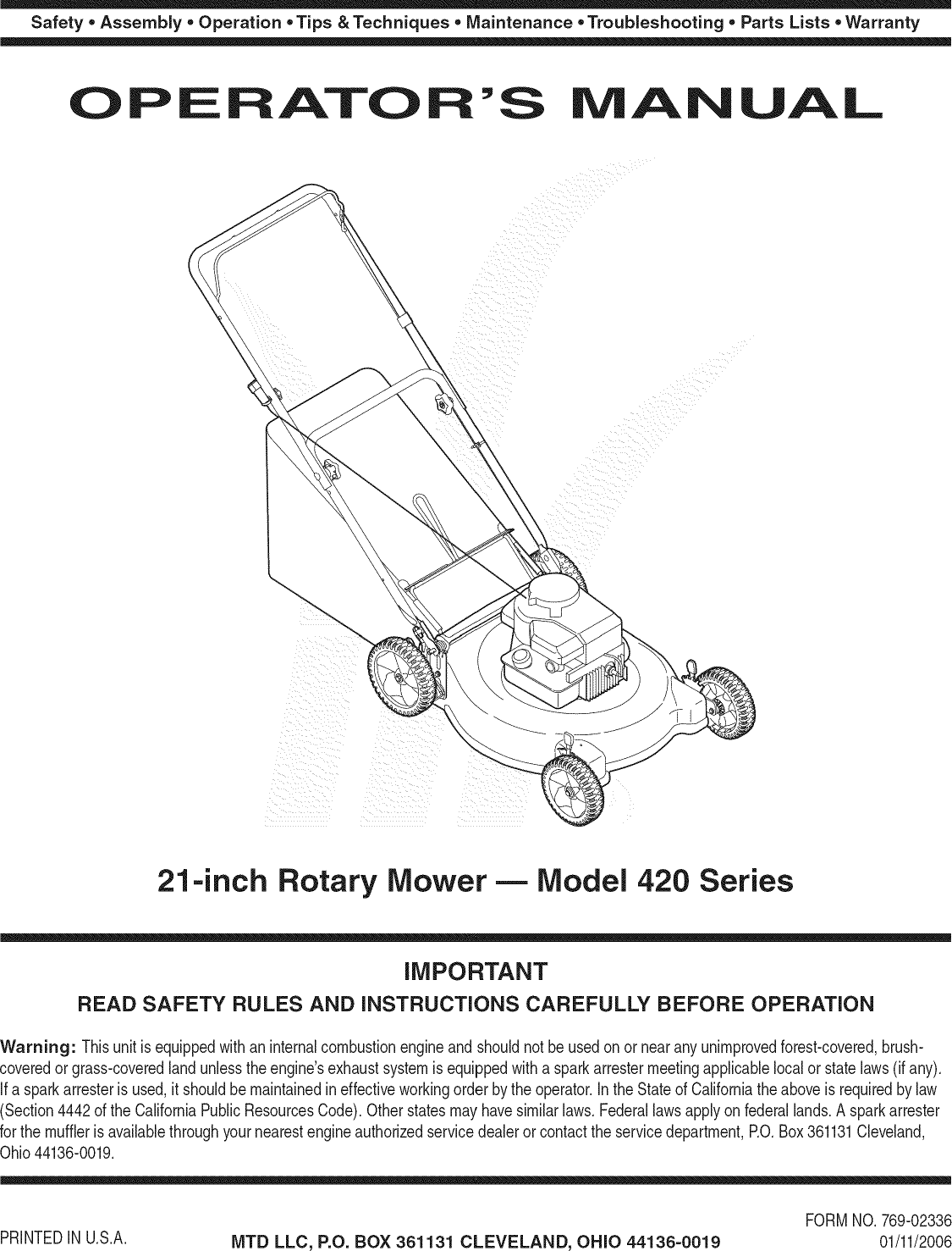 MTD 11A 429R729 User Manual LAWN MOWER Manuals And Guides 1107423L