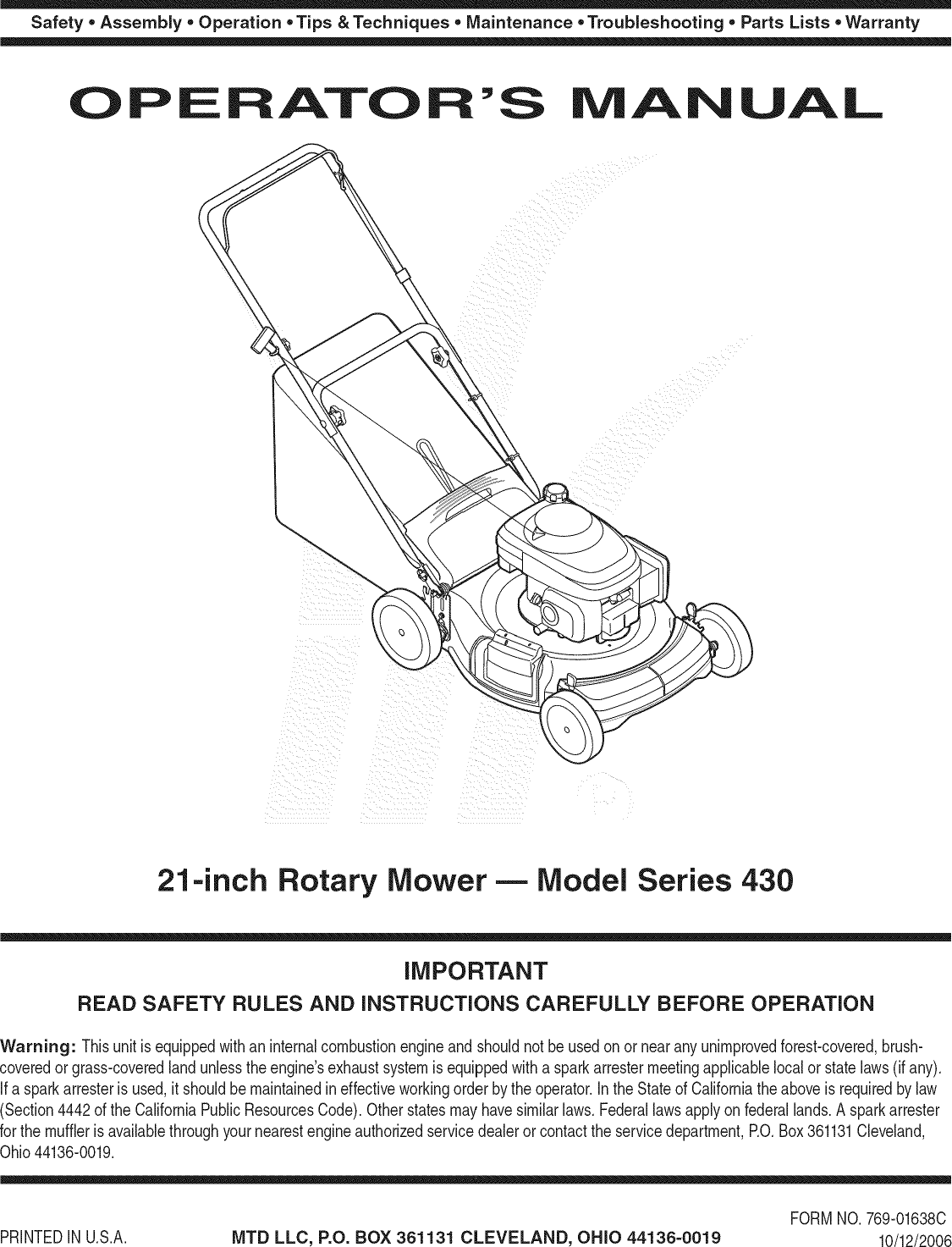 MTD 11B 439Q755 User Manual LAWN MOWER Manuals And Guides 1108108L