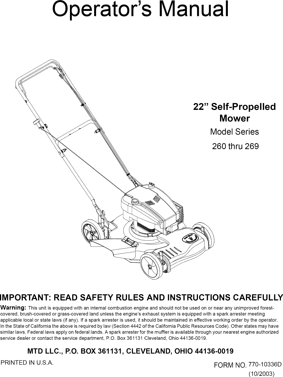 MTD 12A 264E700 User Manual LAWN MOWER Manuals And Guides 1109200L