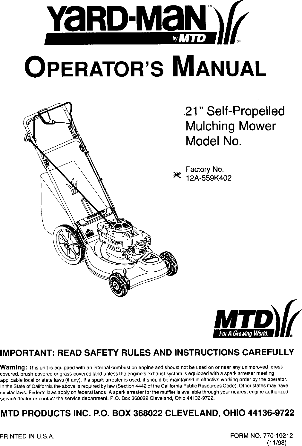 Mtd Products Parts Manual