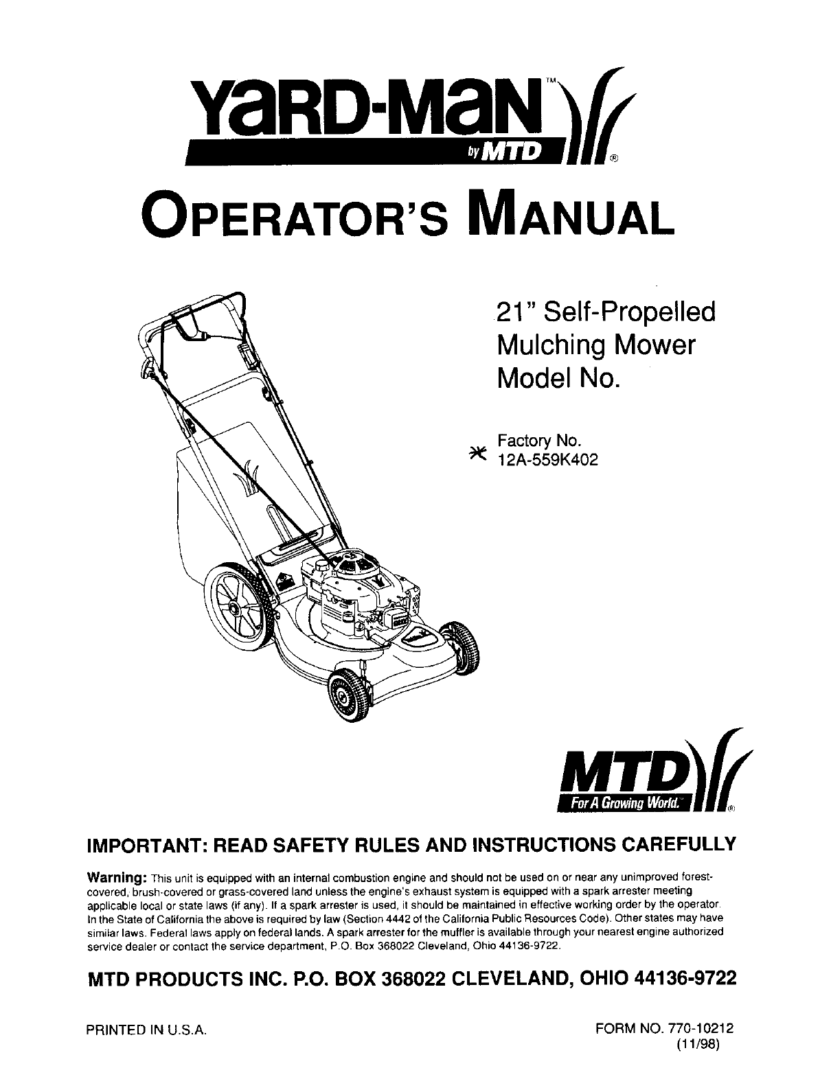 MTD 12A 559K402 User Manual LAWN MOWER 