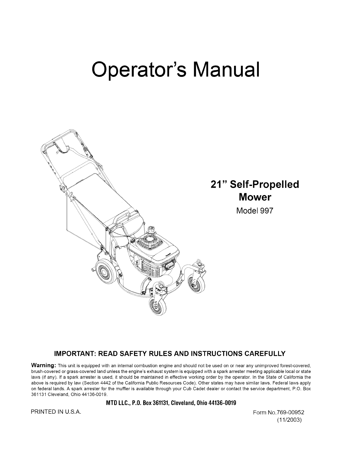 MTD 12A 997A795 User Manual LAWN MOWER Manuals And Guides 1108393L