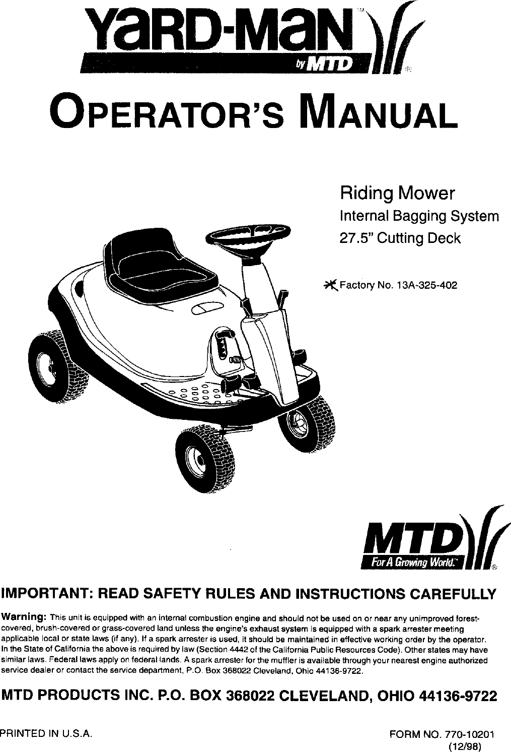 Mtd 13a 325 402 User Manual Riding Mower Manuals And Guides L9910203