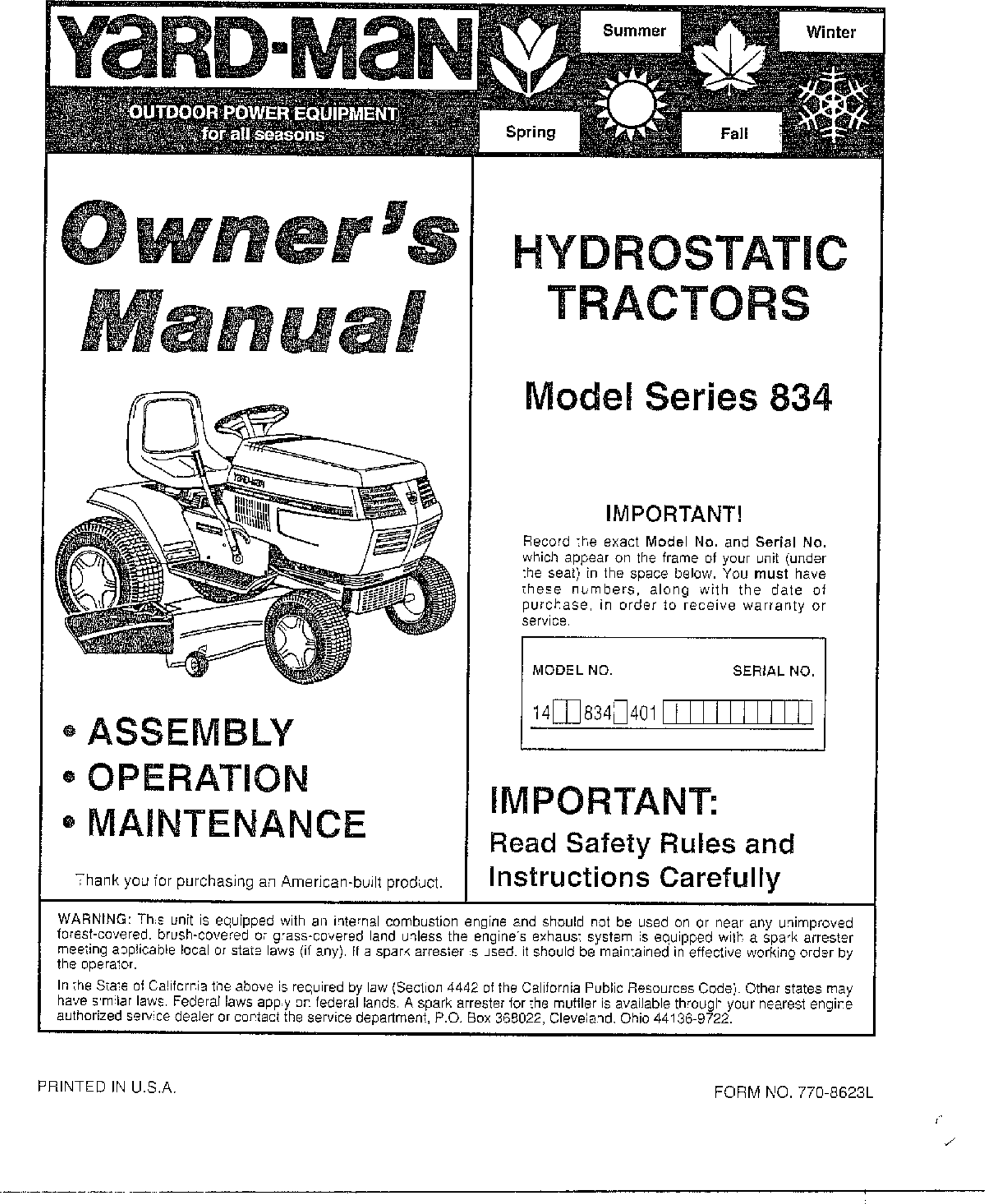 Page 1 of 8 - MTD 1463834H401 User Manual  HYDROSTATIC TRACTOR - Manuals And Guides WL000124