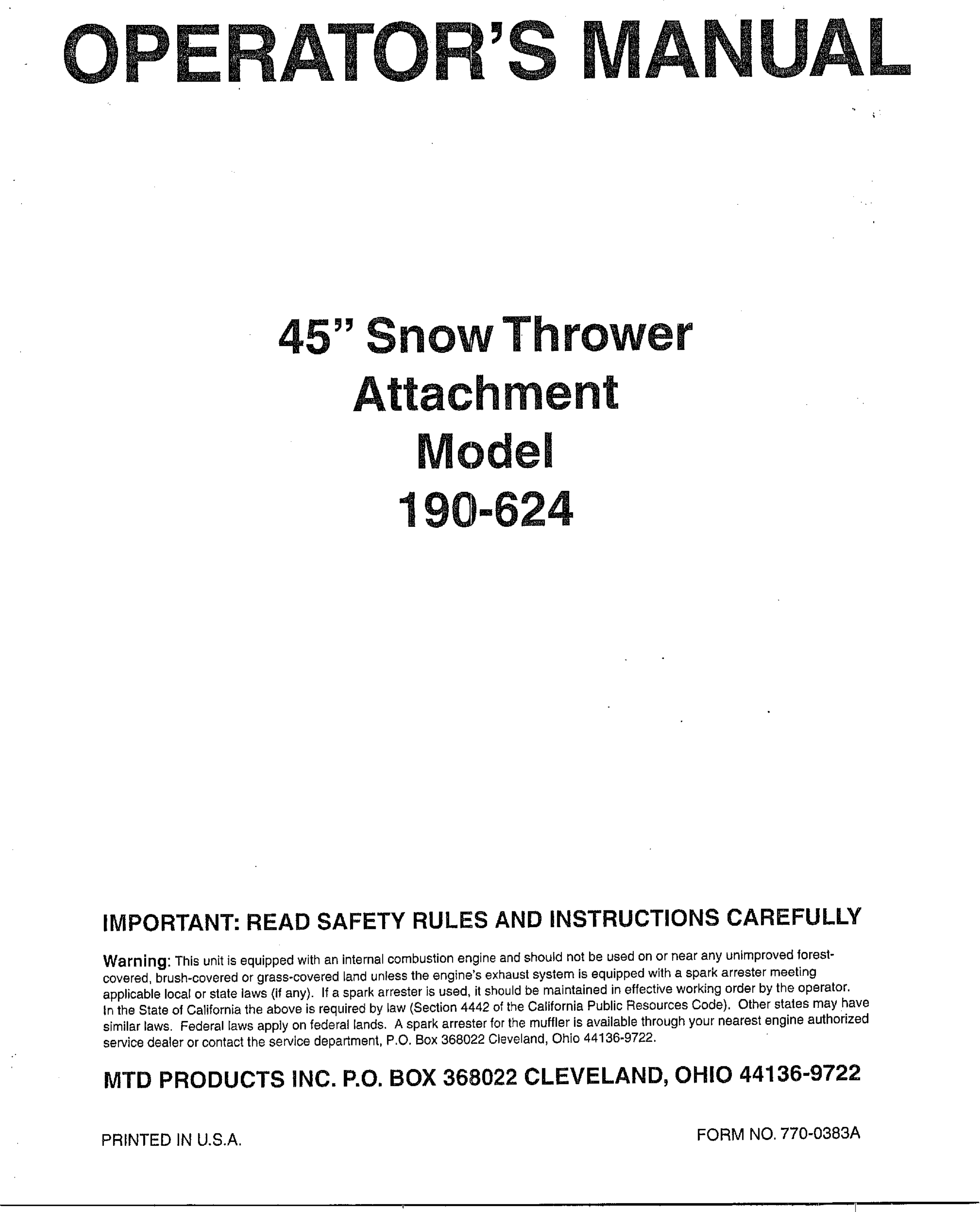 Page 1 of 6 - MTD 190-624-000 User Manual  SNOW THROWER ATTACHMENT - Manuals And Guides WL000151