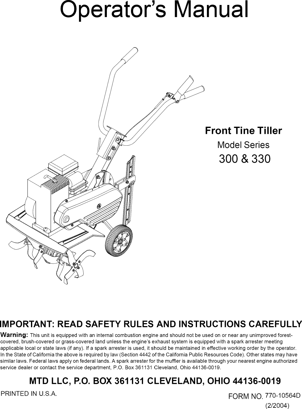 Mtd 21a 332a700 User Manual Front Tine Tiller Manuals And Guides 1108347l