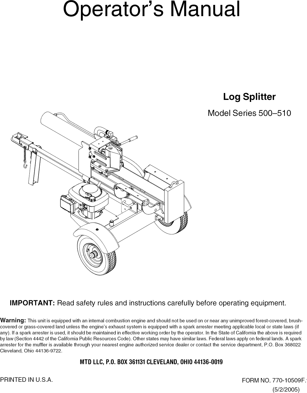 MTD 24AF501D700 User Manual LOG SPLITTER Manuals And Guides 1109234L