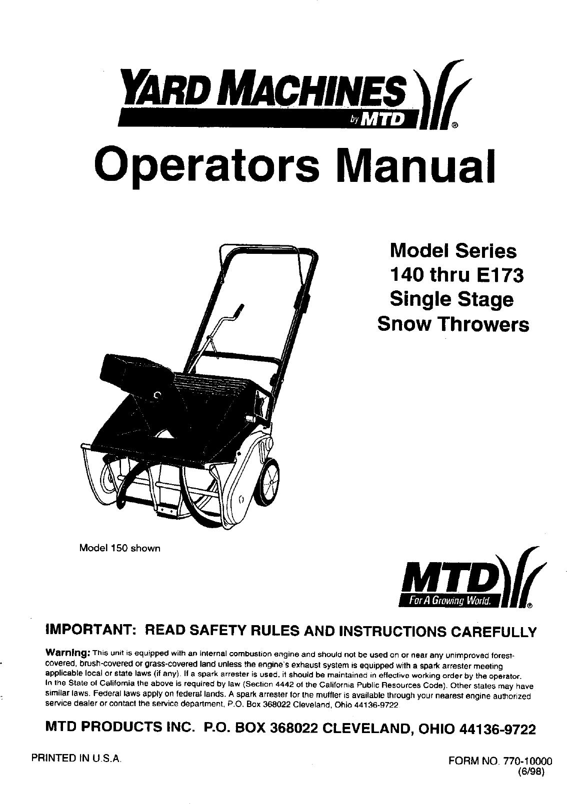 Mtd Single Stage Snow Thrower Model 2m1