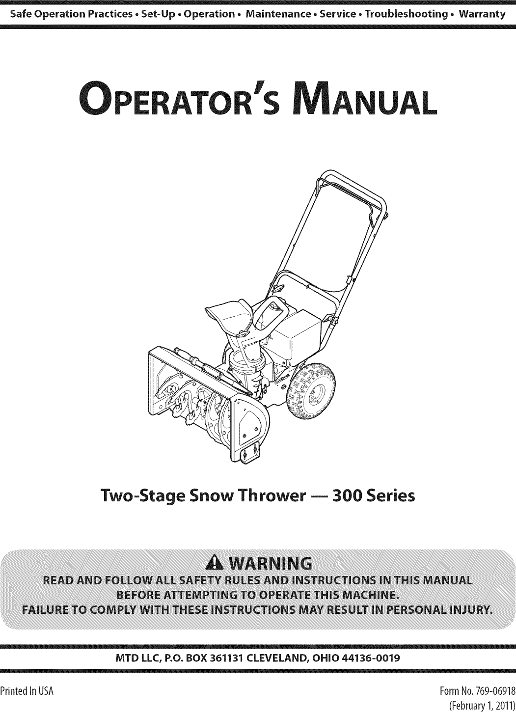 MTD 31A 32AD706 User Manual SNOW THROWER Manuals And Guides 1108492L