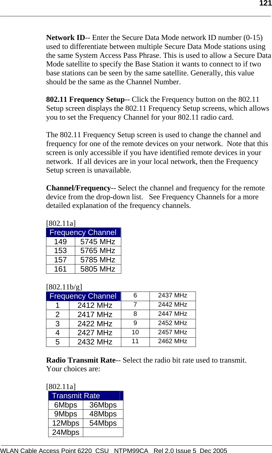   121  WLAN Cable Access Point 6220  CSU   NTPM99CA   Rel 2.0 Issue 5  Dec 2005 Network ID-- Enter the Secure Data Mode network ID number (0-15) used to differentiate between multiple Secure Data Mode stations using the same System Access Pass Phrase. This is used to allow a Secure Data Mode satellite to specify the Base Station it wants to connect to if two base stations can be seen by the same satellite. Generally, this value should be the same as the Channel Number.  802.11 Frequency Setup-- Click the Frequency button on the 802.11 Setup screen displays the 802.11 Frequency Setup screens, which allows you to set the Frequency Channel for your 802.11 radio card.  The 802.11 Frequency Setup screen is used to change the channel and frequency for one of the remote devices on your network.  Note that this screen is only accessible if you have identified remote devices in your network.  If all devices are in your local network, then the Frequency Setup screen is unavailable.  Channel/Frequency-- Select the channel and frequency for the remote device from the drop-down list.   See Frequency Channels for a more detailed explanation of the frequency channels.  [802.11a]  Frequency Channel149 5745 MHz153 5765 MHz157 5785 MHz161 5805 MHz [802.11b/g]  Frequency Channel 6 2437 MHz 1 2412 MHz  7 2442 MHz 2 2417 MHz  8 2447 MHz 3 2422 MHz  9 2452 MHz 4 2427 MHz  10 2457 MHz 5 2432 MHz  11 2462 MHz  Radio Transmit Rate-- Select the radio bit rate used to transmit.  Your choices are:  [802.11a]  Transmit Rate 6Mbps 36Mbps 9Mbps 48Mbps 12Mbps 54Mbps 24Mbps  