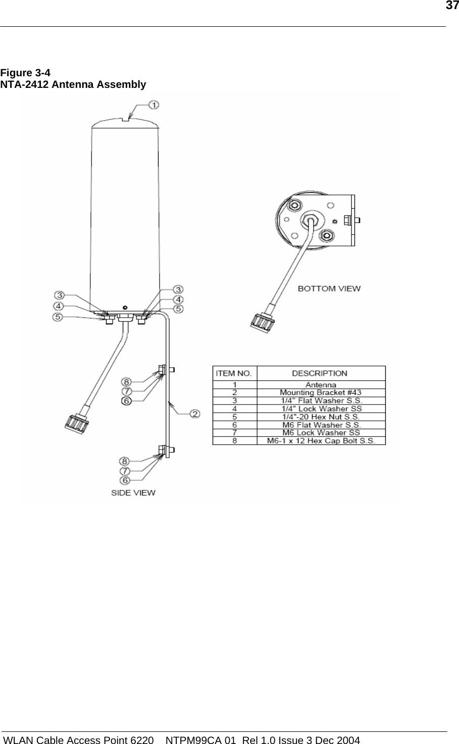   37   WLAN Cable Access Point 6220    NTPM99CA 01  Rel 1.0 Issue 3 Dec 2004  Figure 3-4 NTA-2412 Antenna Assembly  
