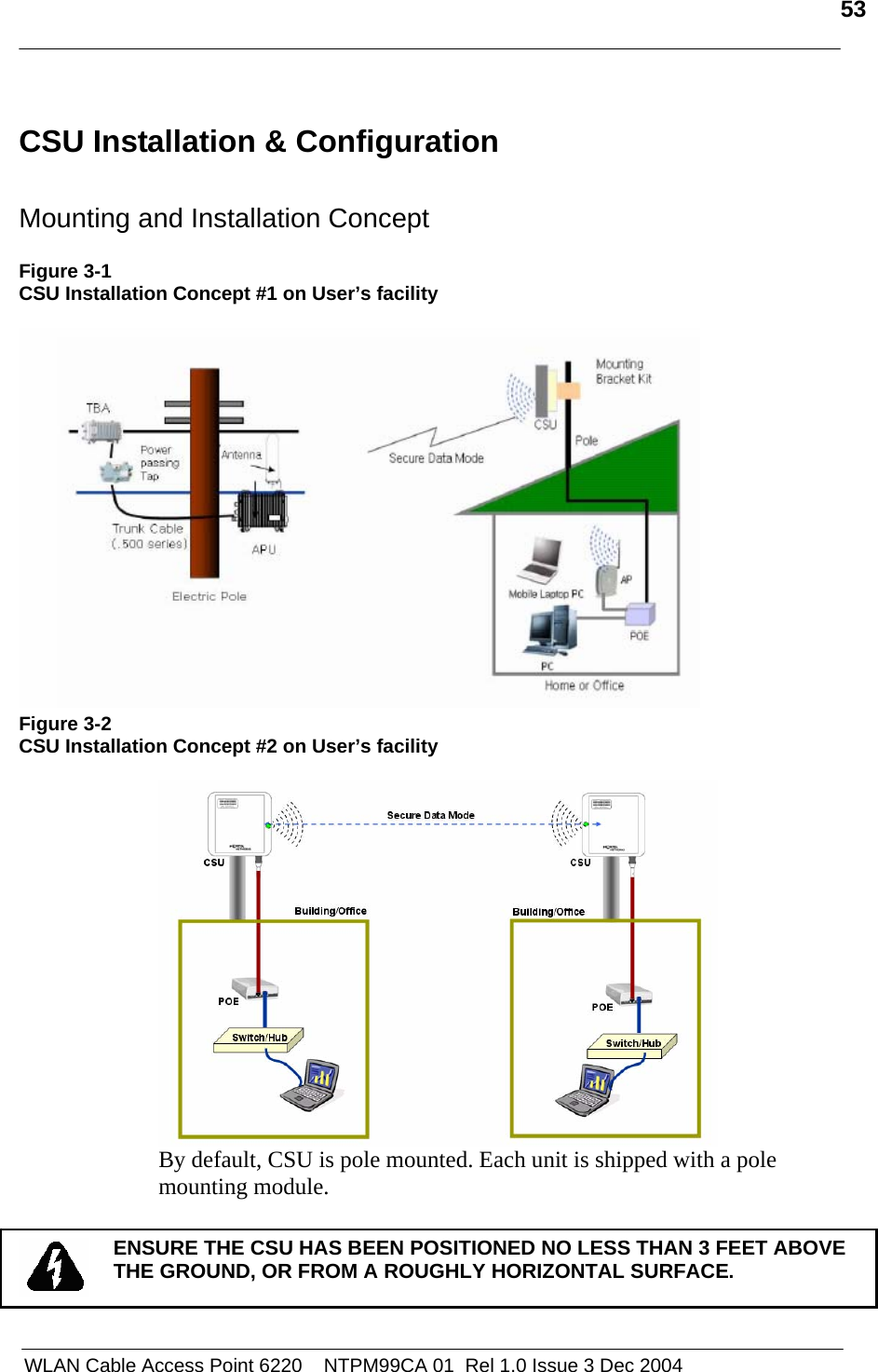   53   WLAN Cable Access Point 6220    NTPM99CA 01  Rel 1.0 Issue 3 Dec 2004 CSU Installation &amp; Configuration  Mounting and Installation Concept   Figure 3-1 CSU Installation Concept #1 on User’s facility   Figure 3-2 CSU Installation Concept #2 on User’s facility   By default, CSU is pole mounted. Each unit is shipped with a pole mounting module.     ENSURE THE CSU HAS BEEN POSITIONED NO LESS THAN 3 FEET ABOVE THE GROUND, OR FROM A ROUGHLY HORIZONTAL SURFACE. 