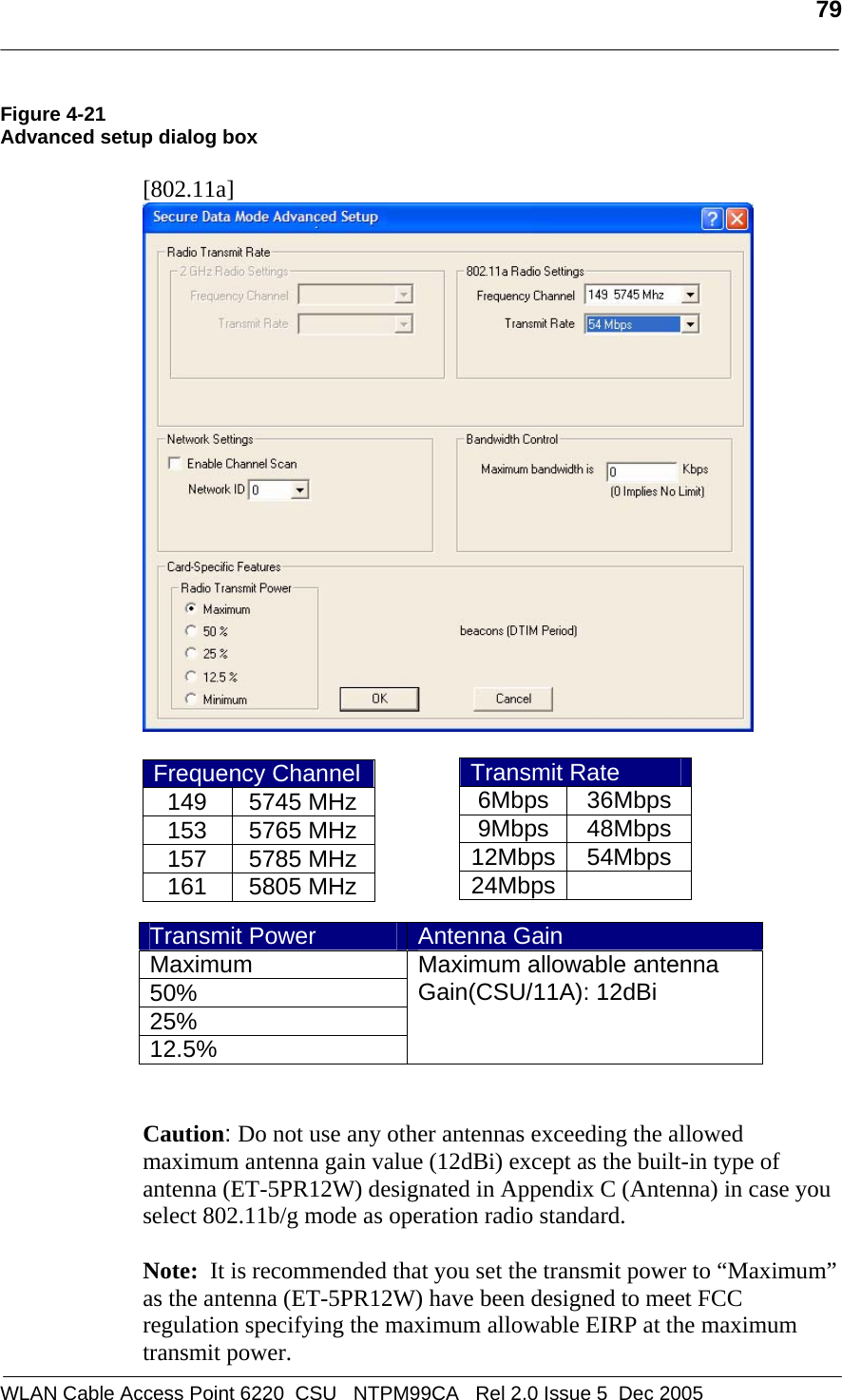   79  WLAN Cable Access Point 6220  CSU   NTPM99CA   Rel 2.0 Issue 5  Dec 2005 Figure 4-21 Advanced setup dialog box  [802.11a]   Frequency Channel149 5745 MHz153 5765 MHz157 5785 MHz161 5805 MHz        Caution: Do not use any other antennas exceeding the allowed maximum antenna gain value (12dBi) except as the built-in type of antenna (ET-5PR12W) designated in Appendix C (Antenna) in case you select 802.11b/g mode as operation radio standard.  Note:  It is recommended that you set the transmit power to “Maximum” as the antenna (ET-5PR12W) have been designed to meet FCC regulation specifying the maximum allowable EIRP at the maximum transmit power.  Transmit Rate 6Mbps 36Mbps 9Mbps 48Mbps 12Mbps 54Mbps 24Mbps  Transmit Power  Antenna Gain Maximum 50% 25% 12.5% Maximum allowable antenna  Gain(CSU/11A): 12dBi   