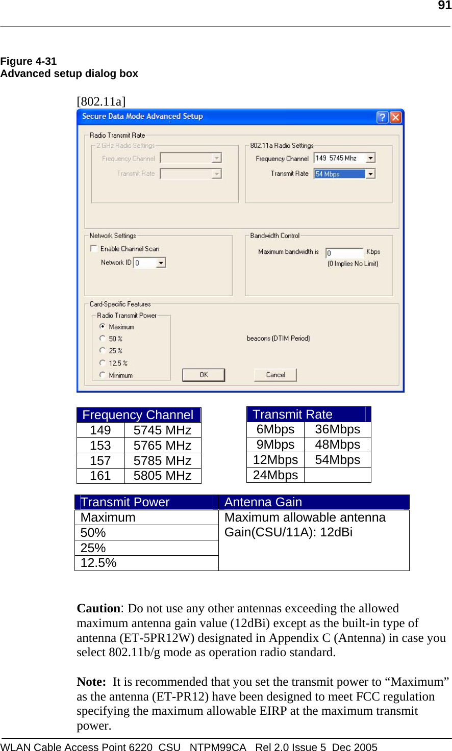   91  WLAN Cable Access Point 6220  CSU   NTPM99CA   Rel 2.0 Issue 5  Dec 2005 Figure 4-31 Advanced setup dialog box  [802.11a]   Frequency Channel149 5745 MHz153 5765 MHz157 5785 MHz161 5805 MHz        Caution: Do not use any other antennas exceeding the allowed maximum antenna gain value (12dBi) except as the built-in type of antenna (ET-5PR12W) designated in Appendix C (Antenna) in case you select 802.11b/g mode as operation radio standard.  Note:  It is recommended that you set the transmit power to “Maximum” as the antenna (ET-PR12) have been designed to meet FCC regulation specifying the maximum allowable EIRP at the maximum transmit power.  Transmit Rate 6Mbps 36Mbps 9Mbps 48Mbps 12Mbps 54Mbps 24Mbps  Transmit Power  Antenna Gain Maximum 50% 25% 12.5% Maximum allowable antenna  Gain(CSU/11A): 12dBi   