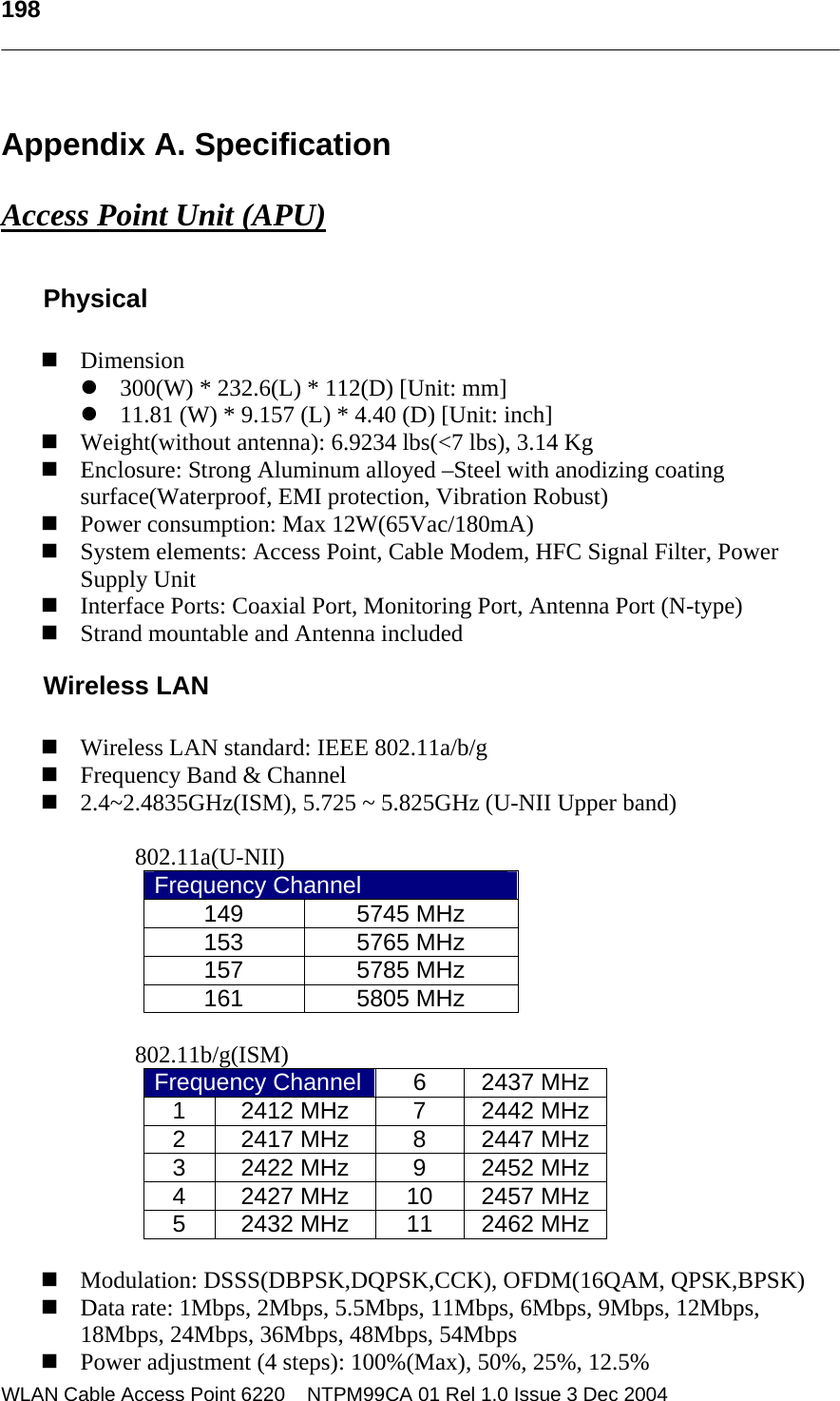   198   WLAN Cable Access Point 6220    NTPM99CA 01 Rel 1.0 Issue 3 Dec 2004 Appendix A. Specification  Access Point Unit (APU)  Physical   Dimension z 300(W) * 232.6(L) * 112(D) [Unit: mm] z 11.81 (W) * 9.157 (L) * 4.40 (D) [Unit: inch]  Weight(without antenna): 6.9234 lbs(&lt;7 lbs), 3.14 Kg  Enclosure: Strong Aluminum alloyed –Steel with anodizing coating surface(Waterproof, EMI protection, Vibration Robust)  Power consumption: Max 12W(65Vac/180mA)  System elements: Access Point, Cable Modem, HFC Signal Filter, Power Supply Unit   Interface Ports: Coaxial Port, Monitoring Port, Antenna Port (N-type)  Strand mountable and Antenna included Wireless LAN     Wireless LAN standard: IEEE 802.11a/b/g  Frequency Band &amp; Channel  2.4~2.4835GHz(ISM), 5.725 ~ 5.825GHz (U-NII Upper band)  802.11a(U-NII) Frequency Channel 149 5745 MHz 153 5765 MHz 157 5785 MHz 161 5805 MHz  802.11b/g(ISM) Frequency Channel 6 2437 MHz1 2412 MHz  7 2442 MHz2 2417 MHz  8 2447 MHz3 2422 MHz  9 2452 MHz4  2427 MHz  10  2457 MHz5  2432 MHz  11  2462 MHz  Modulation: DSSS(DBPSK,DQPSK,CCK), OFDM(16QAM, QPSK,BPSK)   Data rate: 1Mbps, 2Mbps, 5.5Mbps, 11Mbps, 6Mbps, 9Mbps, 12Mbps, 18Mbps, 24Mbps, 36Mbps, 48Mbps, 54Mbps  Power adjustment (4 steps): 100%(Max), 50%, 25%, 12.5%  