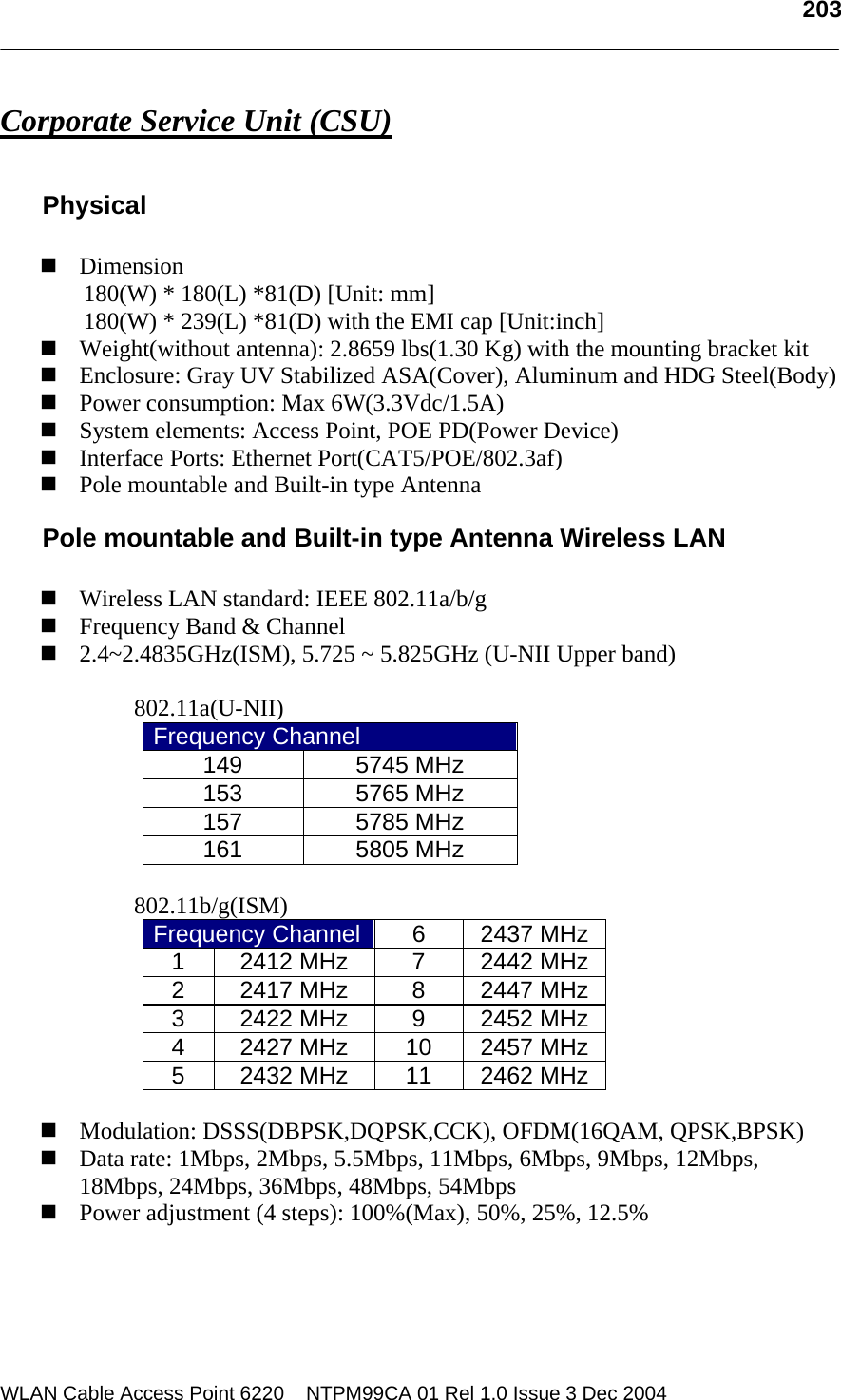  203  WLAN Cable Access Point 6220    NTPM99CA 01 Rel 1.0 Issue 3 Dec 2004 Corporate Service Unit (CSU)  Physical   Dimension 180(W) * 180(L) *81(D) [Unit: mm] 180(W) * 239(L) *81(D) with the EMI cap [Unit:inch]  Weight(without antenna): 2.8659 lbs(1.30 Kg) with the mounting bracket kit  Enclosure: Gray UV Stabilized ASA(Cover), Aluminum and HDG Steel(Body)  Power consumption: Max 6W(3.3Vdc/1.5A)  System elements: Access Point, POE PD(Power Device)  Interface Ports: Ethernet Port(CAT5/POE/802.3af)  Pole mountable and Built-in type Antenna  Pole mountable and Built-in type Antenna Wireless LAN     Wireless LAN standard: IEEE 802.11a/b/g  Frequency Band &amp; Channel  2.4~2.4835GHz(ISM), 5.725 ~ 5.825GHz (U-NII Upper band)  802.11a(U-NII) Frequency Channel 149 5745 MHz 153 5765 MHz 157 5785 MHz 161 5805 MHz  802.11b/g(ISM) Frequency Channel 6 2437 MHz1 2412 MHz  7 2442 MHz2 2417 MHz  8 2447 MHz3 2422 MHz  9 2452 MHz4  2427 MHz  10  2457 MHz5  2432 MHz  11  2462 MHz  Modulation: DSSS(DBPSK,DQPSK,CCK), OFDM(16QAM, QPSK,BPSK)   Data rate: 1Mbps, 2Mbps, 5.5Mbps, 11Mbps, 6Mbps, 9Mbps, 12Mbps, 18Mbps, 24Mbps, 36Mbps, 48Mbps, 54Mbps  Power adjustment (4 steps): 100%(Max), 50%, 25%, 12.5%  