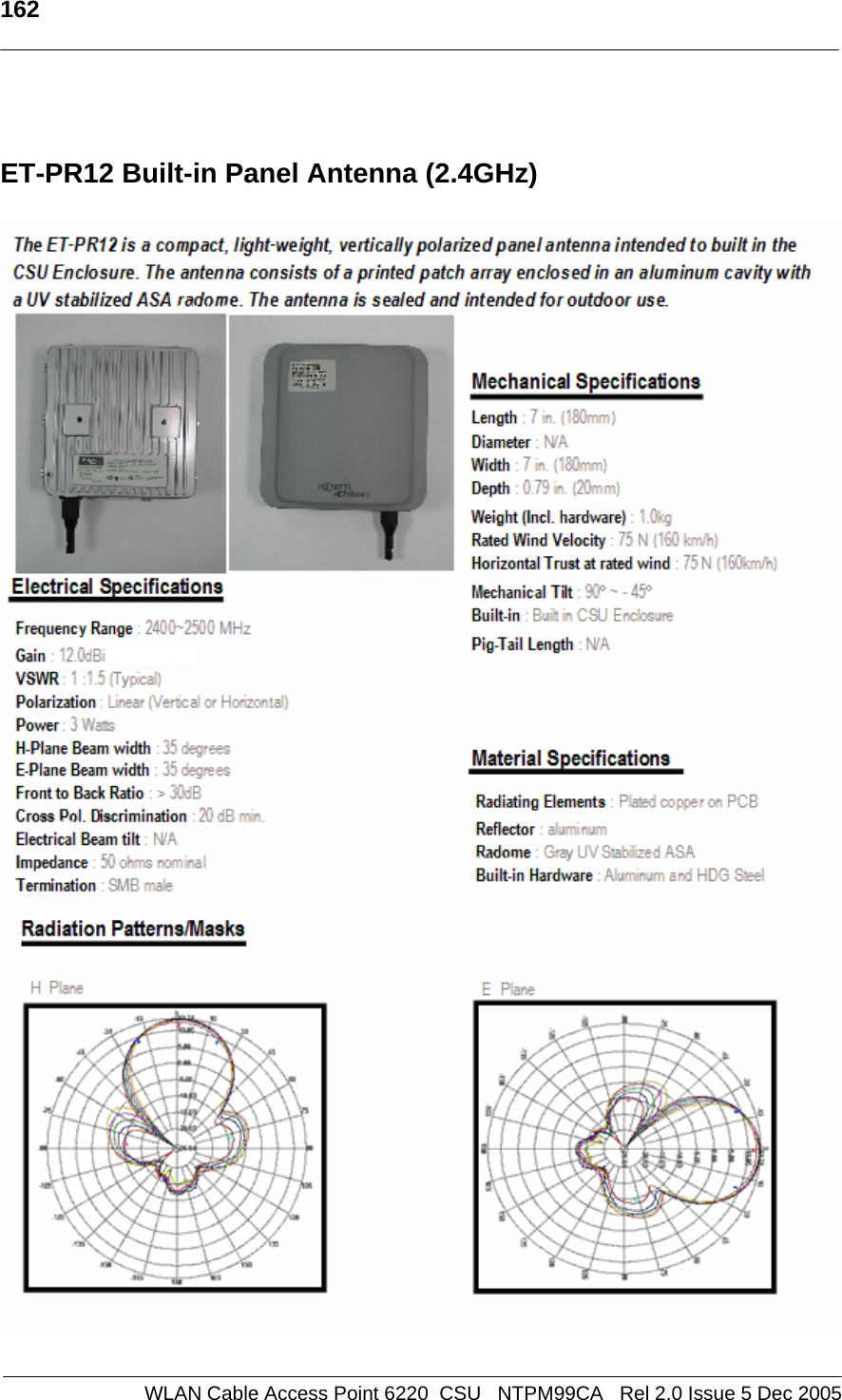   162   WLAN Cable Access Point 6220  CSU   NTPM99CA   Rel 2.0 Issue 5 Dec 2005   ET-PR12 Built-in Panel Antenna (2.4GHz)    
