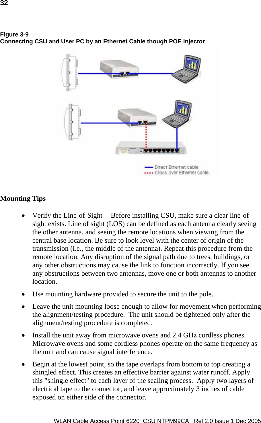   32    WLAN Cable Access Point 6220  CSU NTPM99CA   Rel 2.0 Issue 1 Dec 2005 Figure 3-9 Connecting CSU and User PC by an Ethernet Cable though POE Injector    Mounting Tips  • Verify the Line-of-Sight -- Before installing CSU, make sure a clear line-of-sight exists. Line of sight (LOS) can be defined as each antenna clearly seeing the other antenna, and seeing the remote locations when viewing from the central base location. Be sure to look level with the center of origin of the transmission (i.e., the middle of the antenna). Repeat this procedure from the remote location. Any disruption of the signal path due to trees, buildings, or any other obstructions may cause the link to function incorrectly. If you see any obstructions between two antennas, move one or both antennas to another location. • Use mounting hardware provided to secure the unit to the pole.   • Leave the unit mounting loose enough to allow for movement when performing the alignment/testing procedure.  The unit should be tightened only after the alignment/testing procedure is completed.  • Install the unit away from microwave ovens and 2.4 GHz cordless phones. Microwave ovens and some cordless phones operate on the same frequency as the unit and can cause signal interference. • Begin at the lowest point, so the tape overlaps from bottom to top creating a shingled effect. This creates an effective barrier against water runoff. Apply this &quot;shingle effect&quot; to each layer of the sealing process.  Apply two layers of electrical tape to the connector, and leave approximately 3 inches of cable exposed on either side of the connector.  
