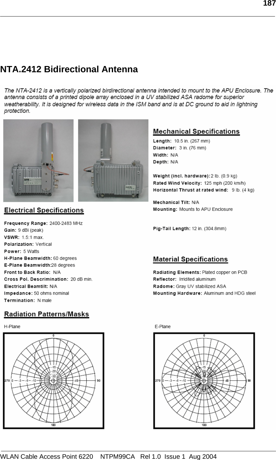   187     NTA.2412 Bidirectional Antenna    WLAN Cable Access Point 6220    NTPM99CA   Rel 1.0  Issue 1  Aug 2004 