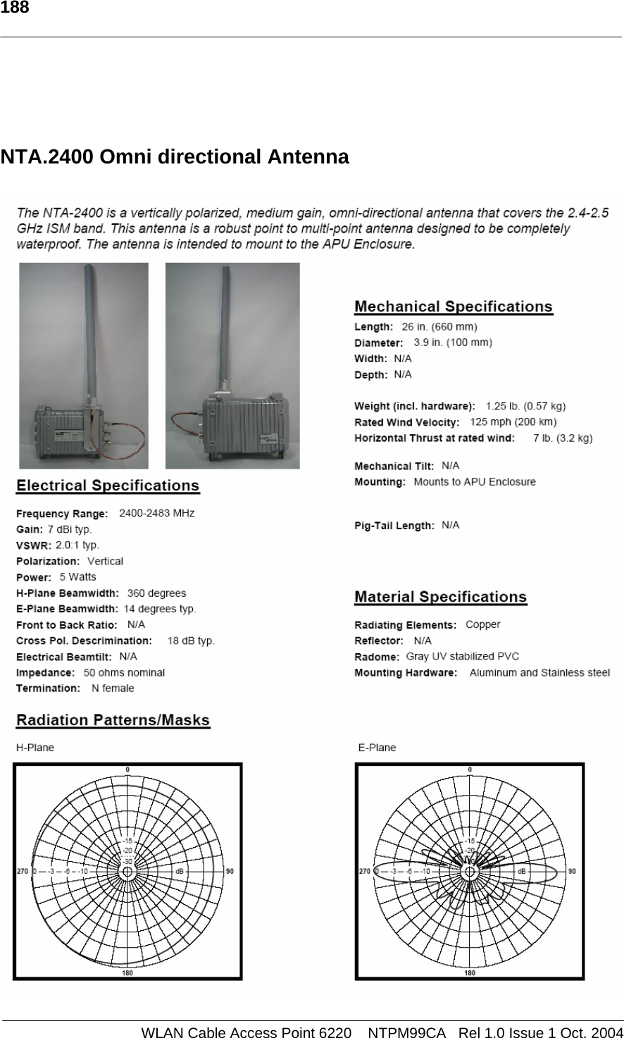   188      NTA.2400 Omni directional Antenna    WLAN Cable Access Point 6220    NTPM99CA   Rel 1.0 Issue 1 Oct. 2004