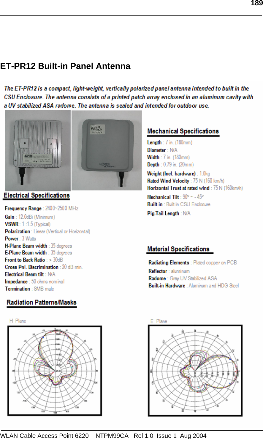   189     ET-PR12 Built-in Panel Antenna   WLAN Cable Access Point 6220    NTPM99CA   Rel 1.0  Issue 1  Aug 2004 