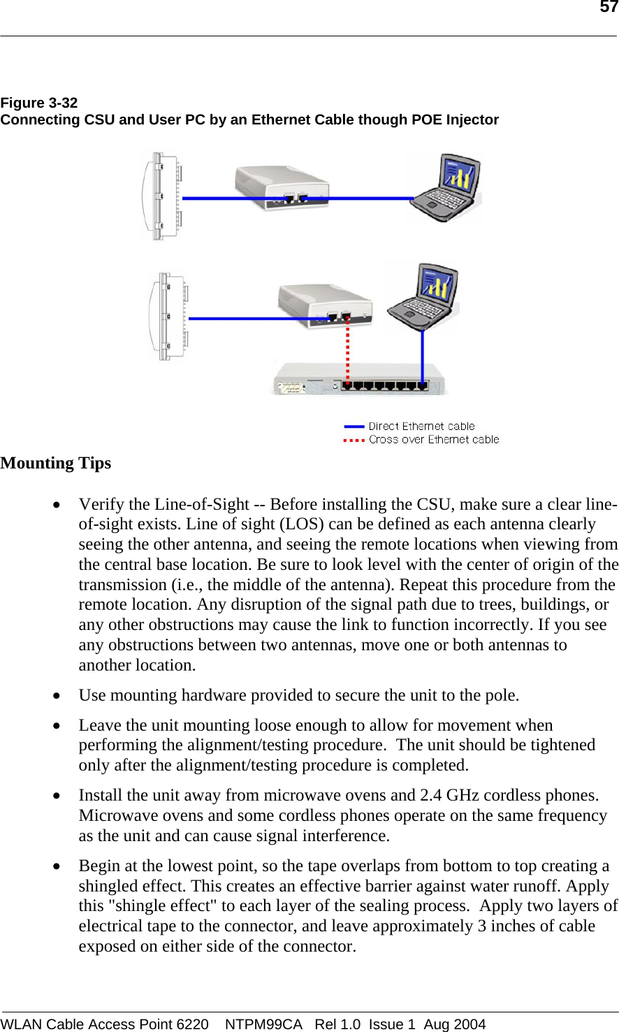   57   Figure 3-32 Connecting CSU and User PC by an Ethernet Cable though POE Injector  Mounting Tips  • Verify the Line-of-Sight -- Before installing the CSU, make sure a clear line-of-sight exists. Line of sight (LOS) can be defined as each antenna clearly seeing the other antenna, and seeing the remote locations when viewing from the central base location. Be sure to look level with the center of origin of the transmission (i.e., the middle of the antenna). Repeat this procedure from the remote location. Any disruption of the signal path due to trees, buildings, or any other obstructions may cause the link to function incorrectly. If you see any obstructions between two antennas, move one or both antennas to another location. • Use mounting hardware provided to secure the unit to the pole.     • Leave the unit mounting loose enough to allow for movement when performing the alignment/testing procedure.  The unit should be tightened only after the alignment/testing procedure is completed.   • Install the unit away from microwave ovens and 2.4 GHz cordless phones. Microwave ovens and some cordless phones operate on the same frequency as the unit and can cause signal interference. • Begin at the lowest point, so the tape overlaps from bottom to top creating a shingled effect. This creates an effective barrier against water runoff. Apply this &quot;shingle effect&quot; to each layer of the sealing process.  Apply two layers of electrical tape to the connector, and leave approximately 3 inches of cable exposed on either side of the connector.  WLAN Cable Access Point 6220    NTPM99CA   Rel 1.0  Issue 1  Aug 2004 