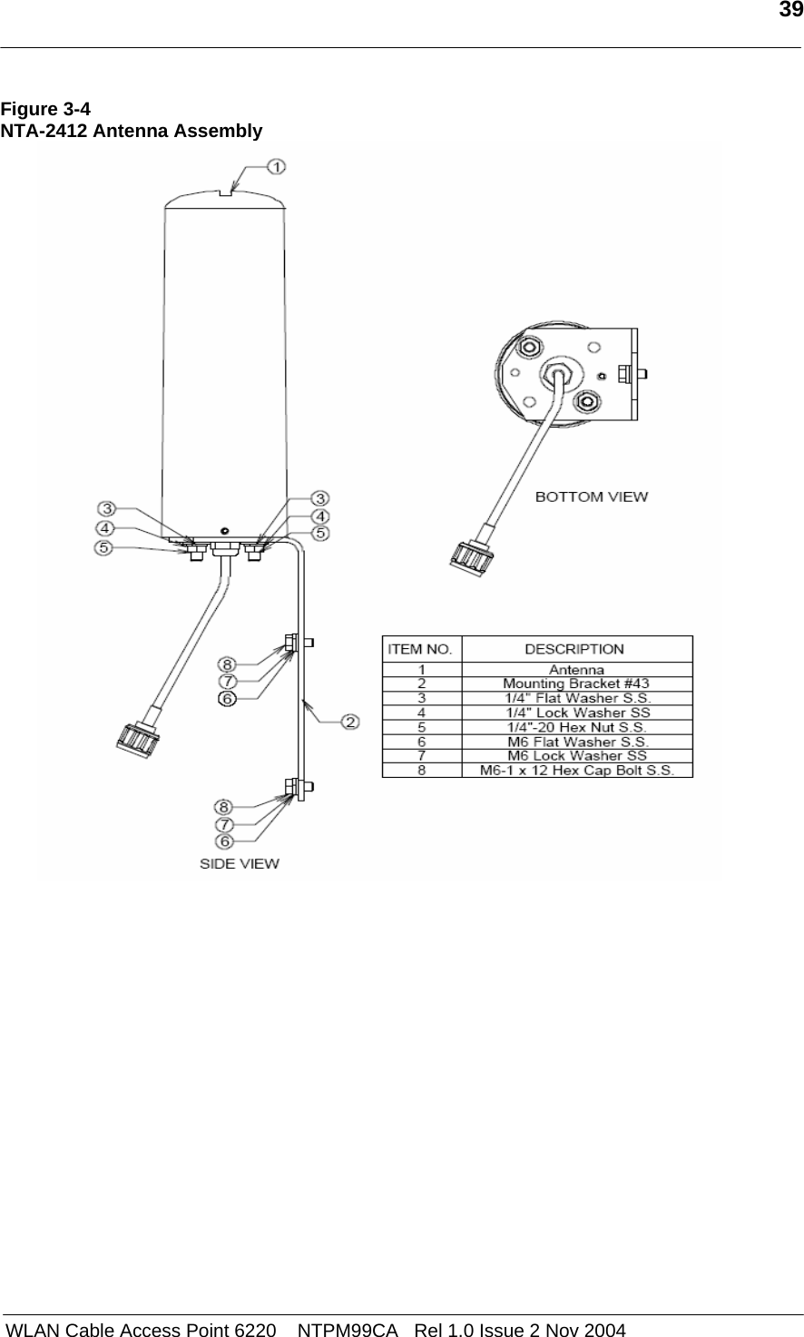   39   WLAN Cable Access Point 6220    NTPM99CA   Rel 1.0 Issue 2 Nov 2004 Figure 3-4 NTA-2412 Antenna Assembly  