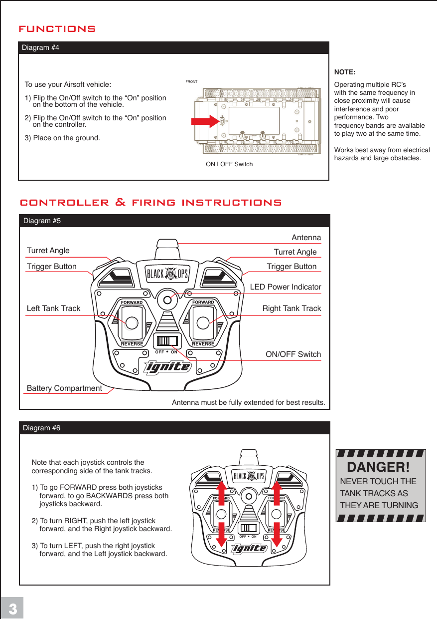 controller &amp; firing instructions Diagram #5Antenna must be fully extended for best results.functionsON | OFF SwitchDiagram #4Diagram #6FRONTNote that each joystick controls the corresponding side of the tank tracks. 1) To go FORWARD press both joysticks     forward, to go BACKWARDS press both     joysticks backward.2) To turn RIGHT, push the left joystick     forward, and the Right joystick backward.3) To turn LEFT, push the right joystick     forward, and the Left joystick backward.  OFF &bull; ONOFF &bull; ONLED Power IndicatorTrigger Button Trigger ButtonLeft Tank TrackON/OFF SwitchBattery CompartmentRight Tank TrackTurret Angle Turret AngleAntennaDANGER!NEVER TOUCH THE TANK TRACKS ASTHEY ARE TURNINGTo use your Airsoft vehicle:1) Flip the On/Off switch to the &ldquo;On&rdquo; position    on the bottom of the vehicle.2) Flip the On/Off switch to the &ldquo;On&rdquo; position    on the controller. 3) Place on the ground.NOTE:Operating multiple RC&rsquo;swith the same frequency in close proximity will cause interference and poor performance. Two frequency bands are availableto play two at the same time.Works best away from electricalhazards and large obstacles.